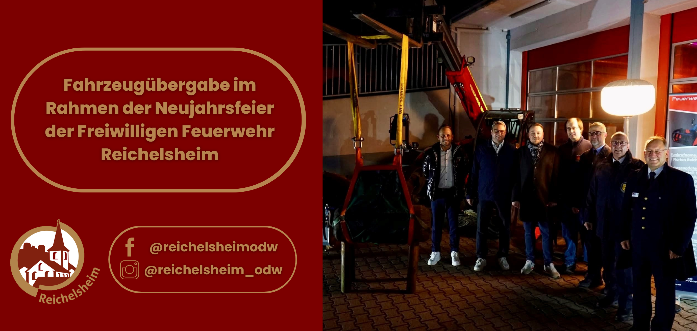 Zweigeteilte Übersicht. Auf der linken Seite ist der Titel des Artikels zu lesen und ein Hinweis auf die Social Media Kanäle der Gemeinde Reichelsheim zu sehen. Auf der rechten Seite ist ein zum Artikel passendes Bild platziert.