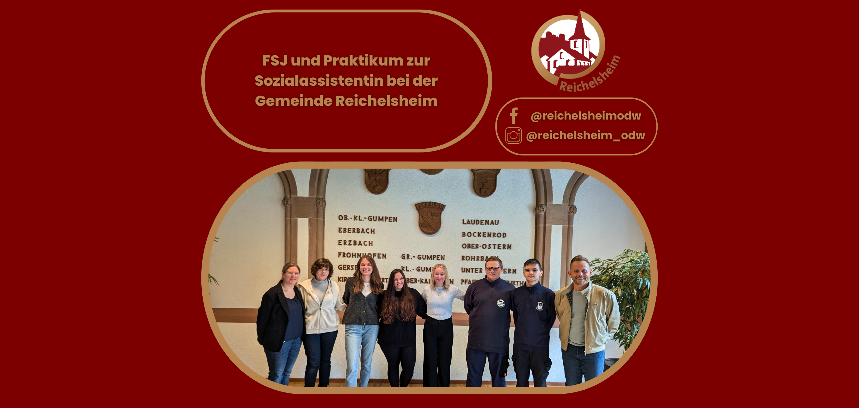 Zweigeteilte Übersicht. Auf der linken Seite ist der Titel des Artikels zu lesen und ein Hinweis auf die Social Media Kanäle der Gemeinde Reichelsheim zu sehen. Auf der rechten Seite ist ein zum Artikel passendes Bild platziert.