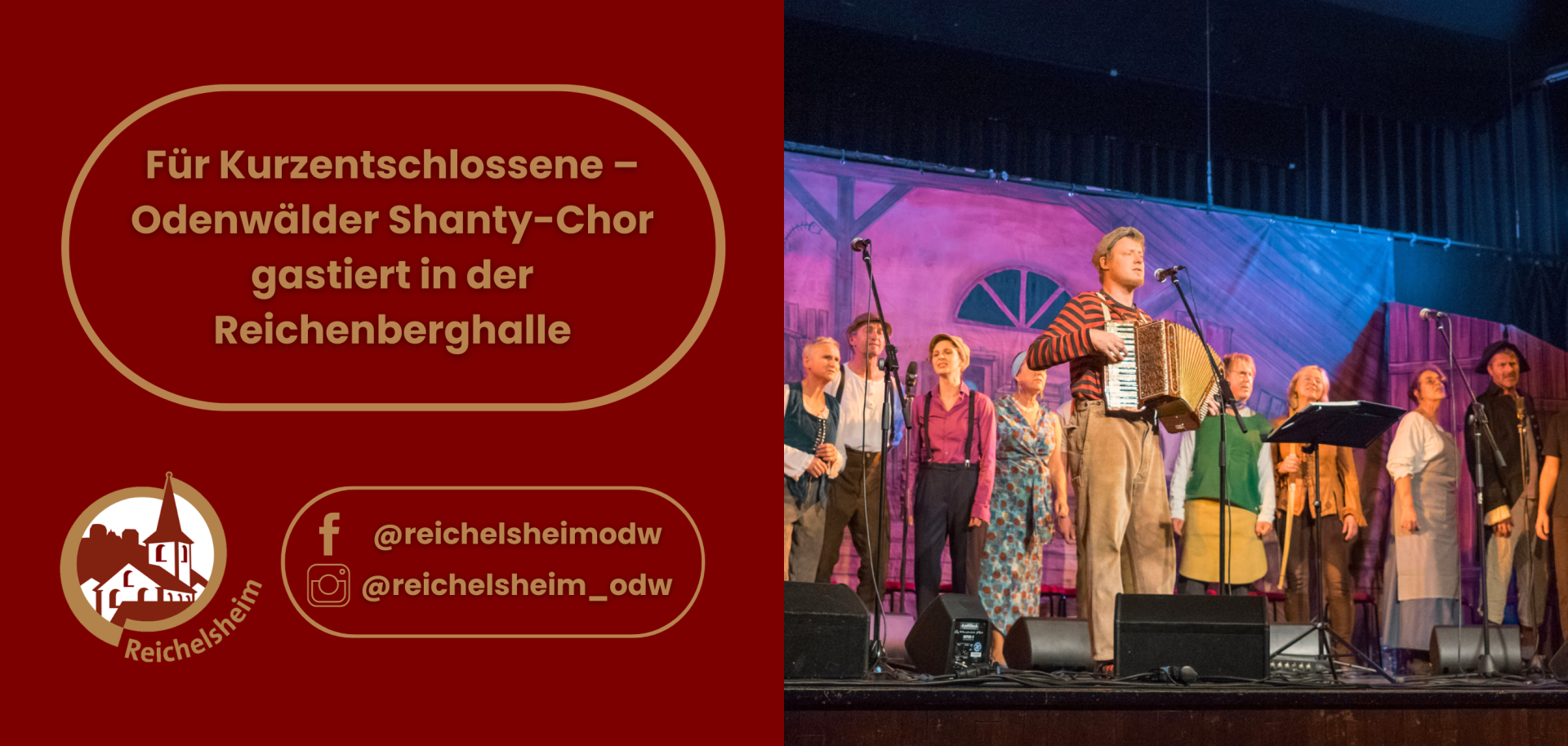 Zweigeteilte Übersicht. Auf der linken Seite ist der Titel des Artikels zu lesen und ein Hinweis auf die Social Media Kanäle der Gemeinde Reichelsheim zu sehen. Auf der rechten Seite ist ein zum Artikel passendes Bild platziert.