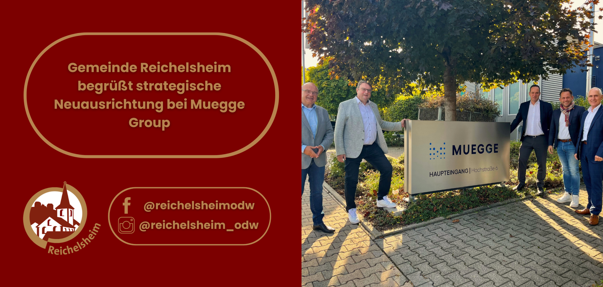 Zweigeteilte Übersicht. Auf der linken Seite ist der Titel des Artikels zu lesen und ein Hinweis auf die Social Media Kanäle der Gemeinde Reichelsheim zu sehen. Auf der rechten Seite ist ein zum Artikel passendes Bild platziert.