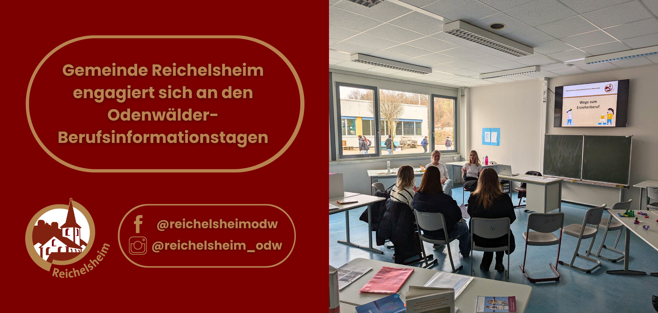 Zweigeteilte Übersicht. Auf der linken Seite ist der Titel des Artikels zu lesen und ein Hinweis auf die Social Media Kanäle der Gemeinde Reichelsheim zu sehen. Auf der rechten Seite ist ein zum Artikel passendes Bild platziert.