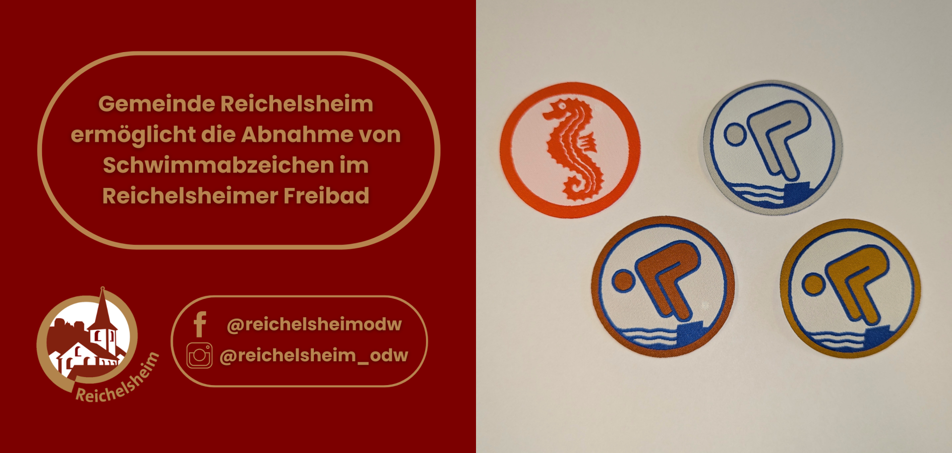 Zweigeteilte Übersicht. Auf der linken Seite ist der Titel des Artikels zu lesen und ein Hinweis auf die Social Media Kanäle der Gemeinde Reichelsheim zu sehen. Auf der rechten Seite ist ein zum Artikel passendes Bild platziert.