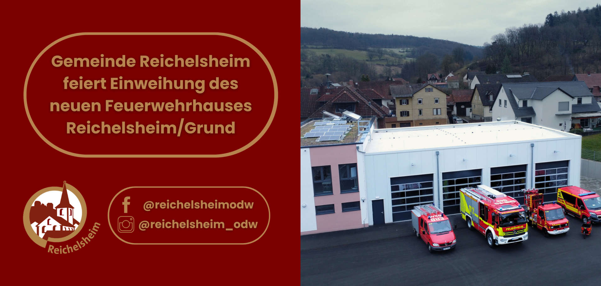 Zweigeteilte Übersicht. Auf der linken Seite ist der Titel des Artikels zu lesen und ein Hinweis auf die Social Media Kanäle der Gemeinde Reichelsheim zu sehen. Auf der rechten Seite ist ein zum Artikel passendes Bild platziert.