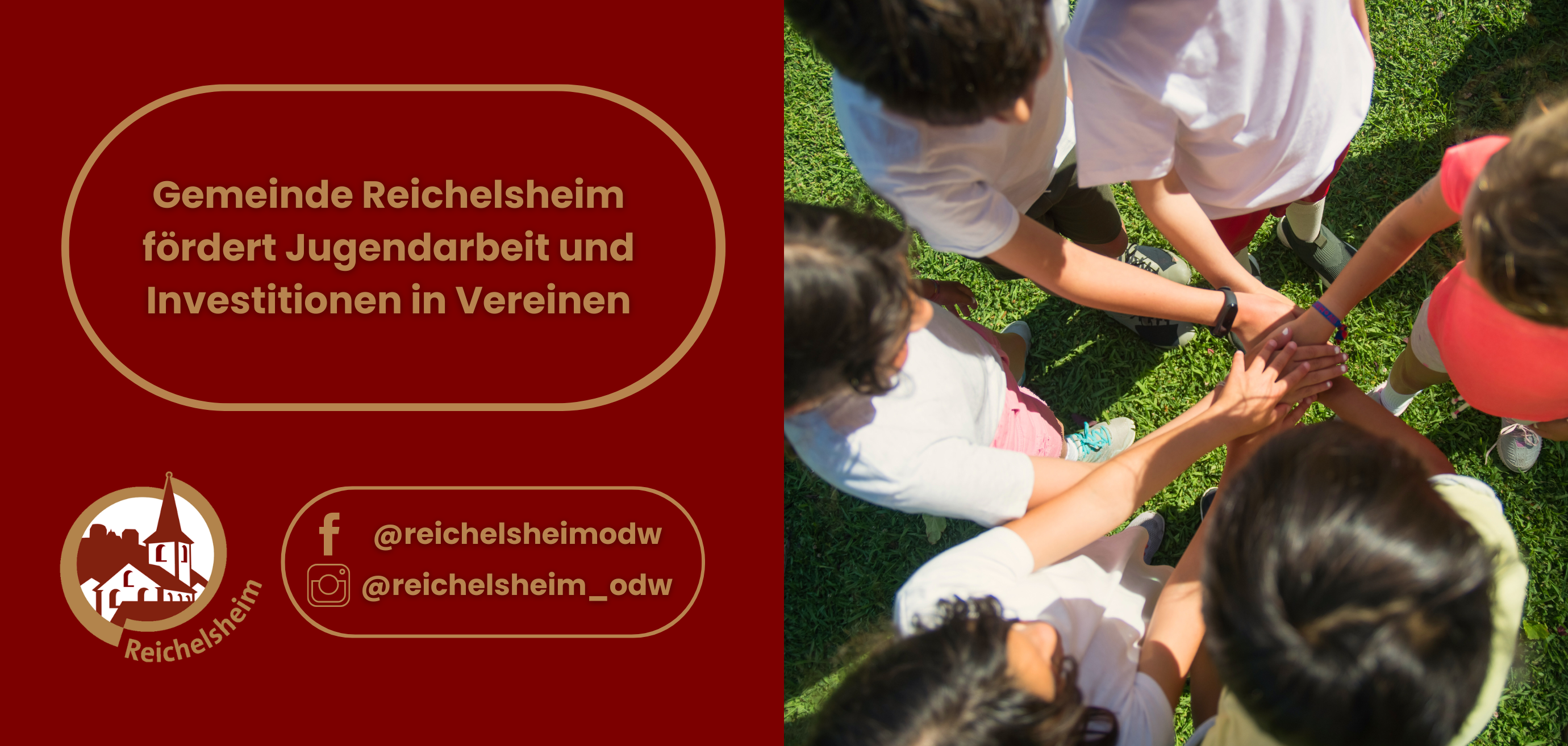 Zweigeteilte Übersicht. Auf der linken Seite ist der Titel des Artikels zu lesen und ein Hinweis auf die Social Media Kanäle der Gemeinde Reichelsheim zu sehen. Auf der rechten Seite ist ein zum Artikel passendes Bild platziert.