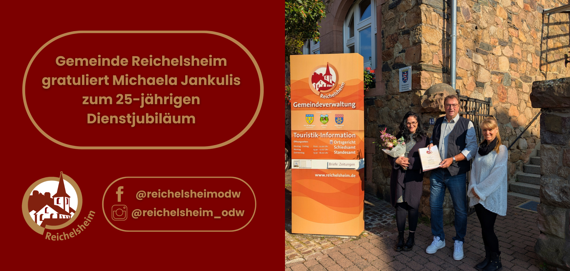 Zweigeteilte Übersicht. Auf der linken Seite ist der Titel des Artikels zu lesen und ein Hinweis auf die Social Media Kanäle der Gemeinde Reichelsheim zu sehen. Auf der rechten Seite ist ein zum Artikel passendes Bild platziert.