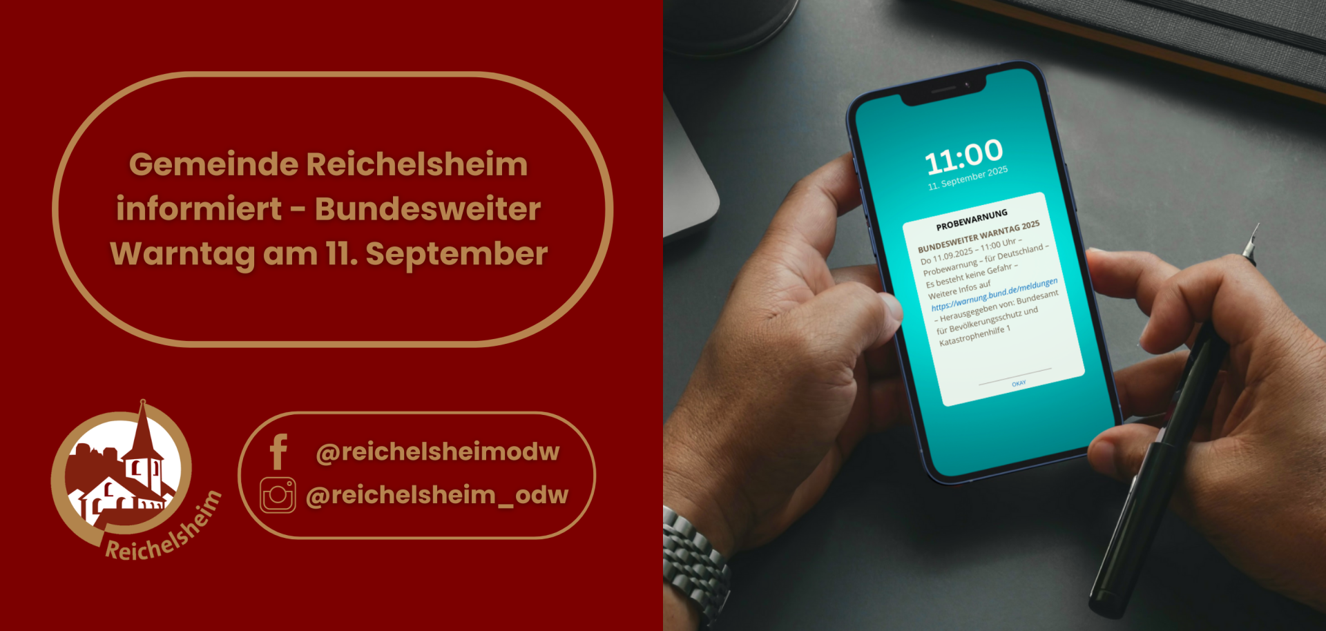 Zweigeteilte Übersicht. Auf der linken Seite ist der Titel des Artikels zu lesen und ein Hinweis auf die Social Media Kanäle der Gemeinde Reichelsheim zu sehen. Auf der rechten Seite ist ein zum Artikel passendes Bild platziert.