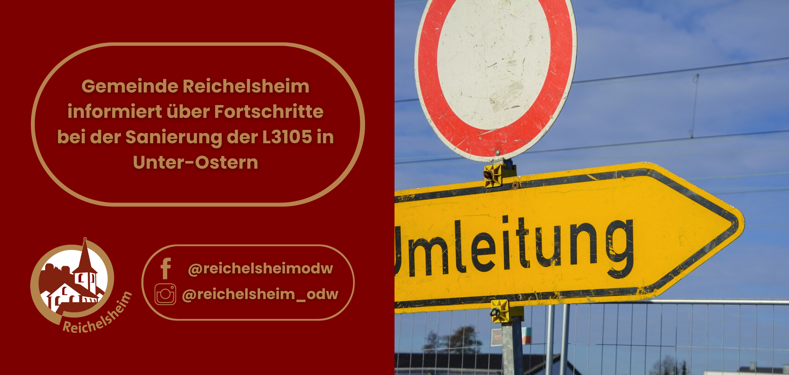 Zweigeteilte Übersicht. Auf der linken Seite ist der Titel des Artikels zu lesen und ein Hinweis auf die Social Media Kanäle der Gemeinde Reichelsheim zu sehen. Auf der rechten Seite ist ein zum Artikel passendes Bild platziert.