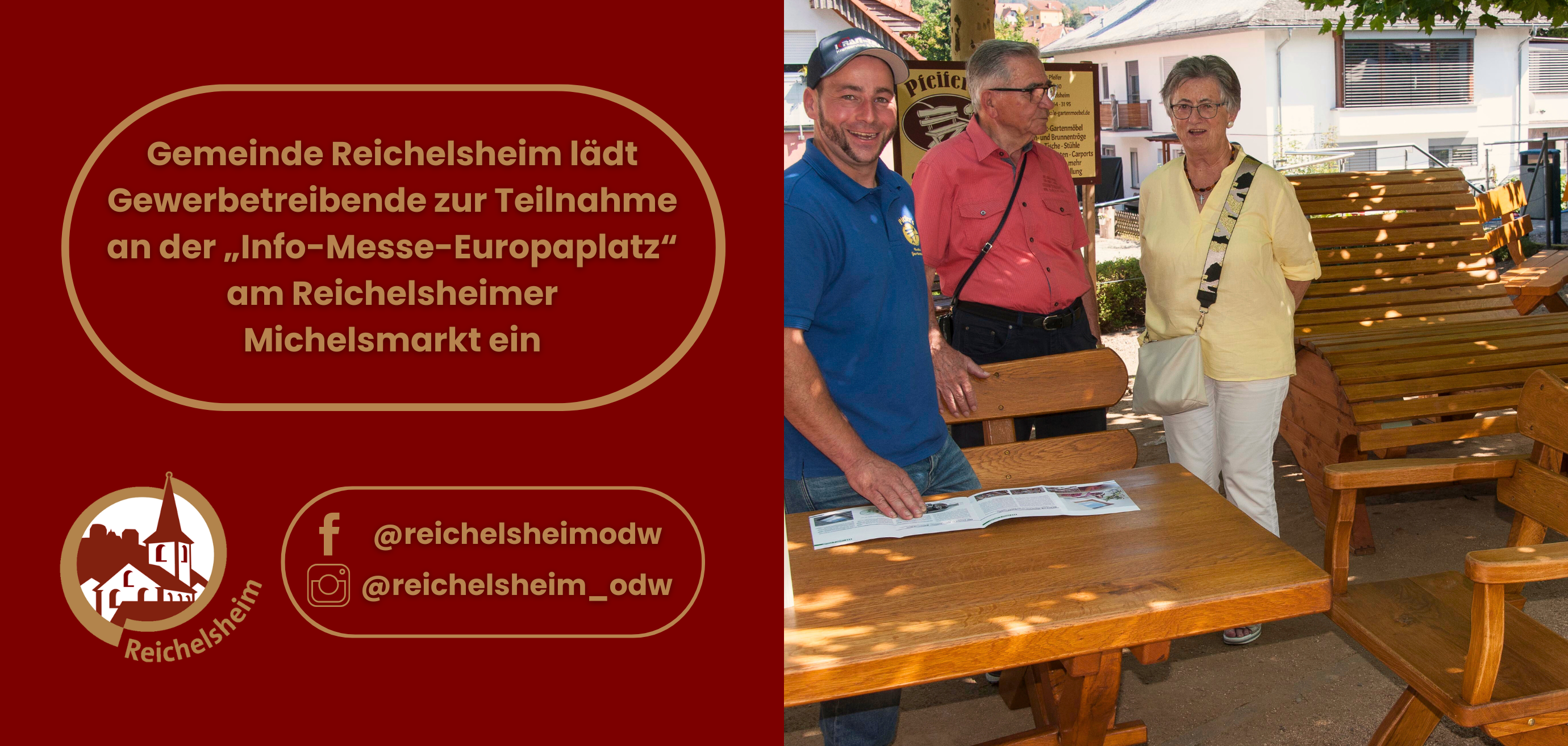 Zweigeteilte Übersicht. Auf der linken Seite ist der Titel des Artikels zu lesen und ein Hinweis auf die Social Media Kanäle der Gemeinde Reichelsheim zu sehen. Auf der rechten Seite ist ein zum Artikel passendes Bild platziert.