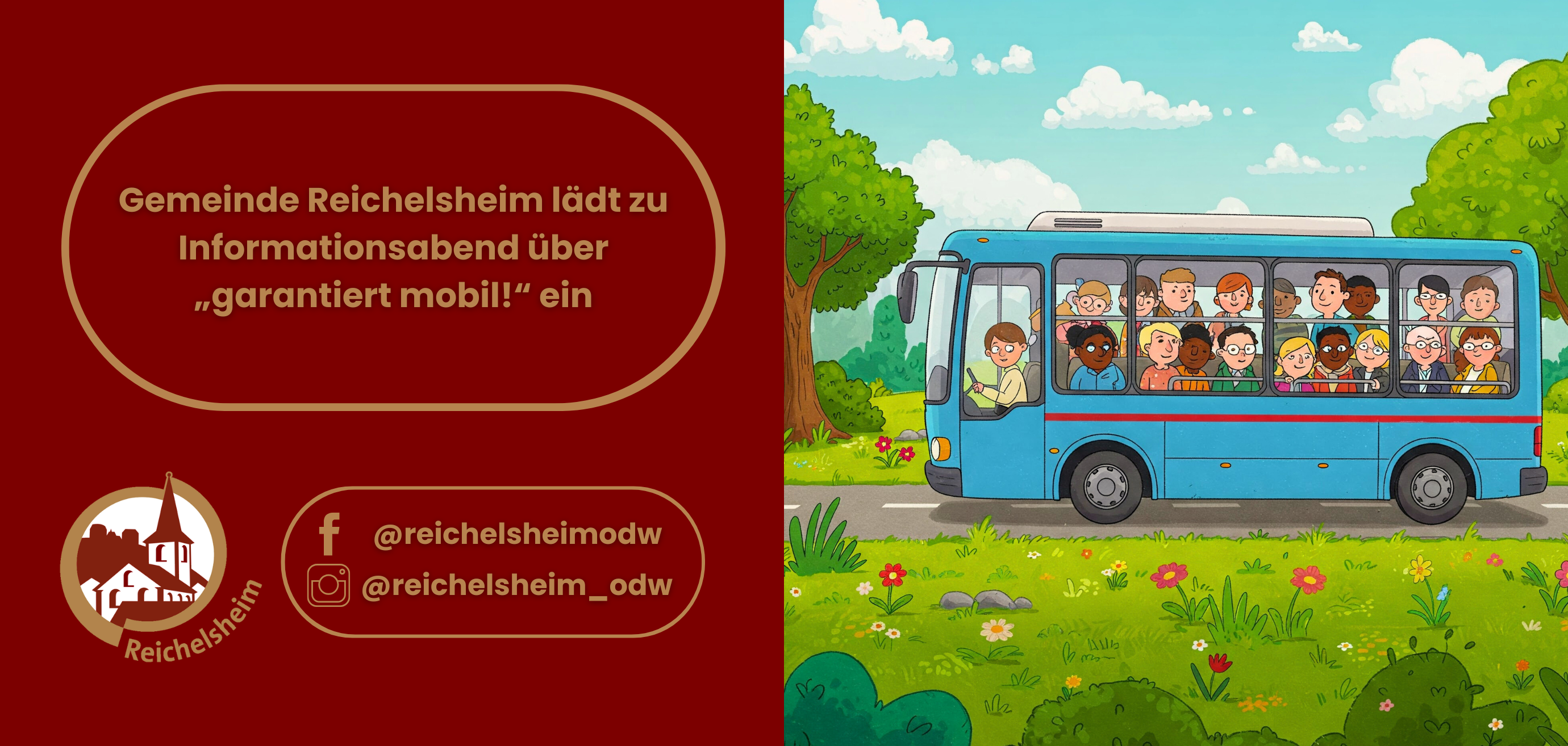 Zweigeteilte Übersicht. Auf der linken Seite ist der Titel des Artikels zu lesen und ein Hinweis auf die Social Media Kanäle der Gemeinde Reichelsheim zu sehen. Auf der rechten Seite ist ein zum Artikel passendes Bild platziert.