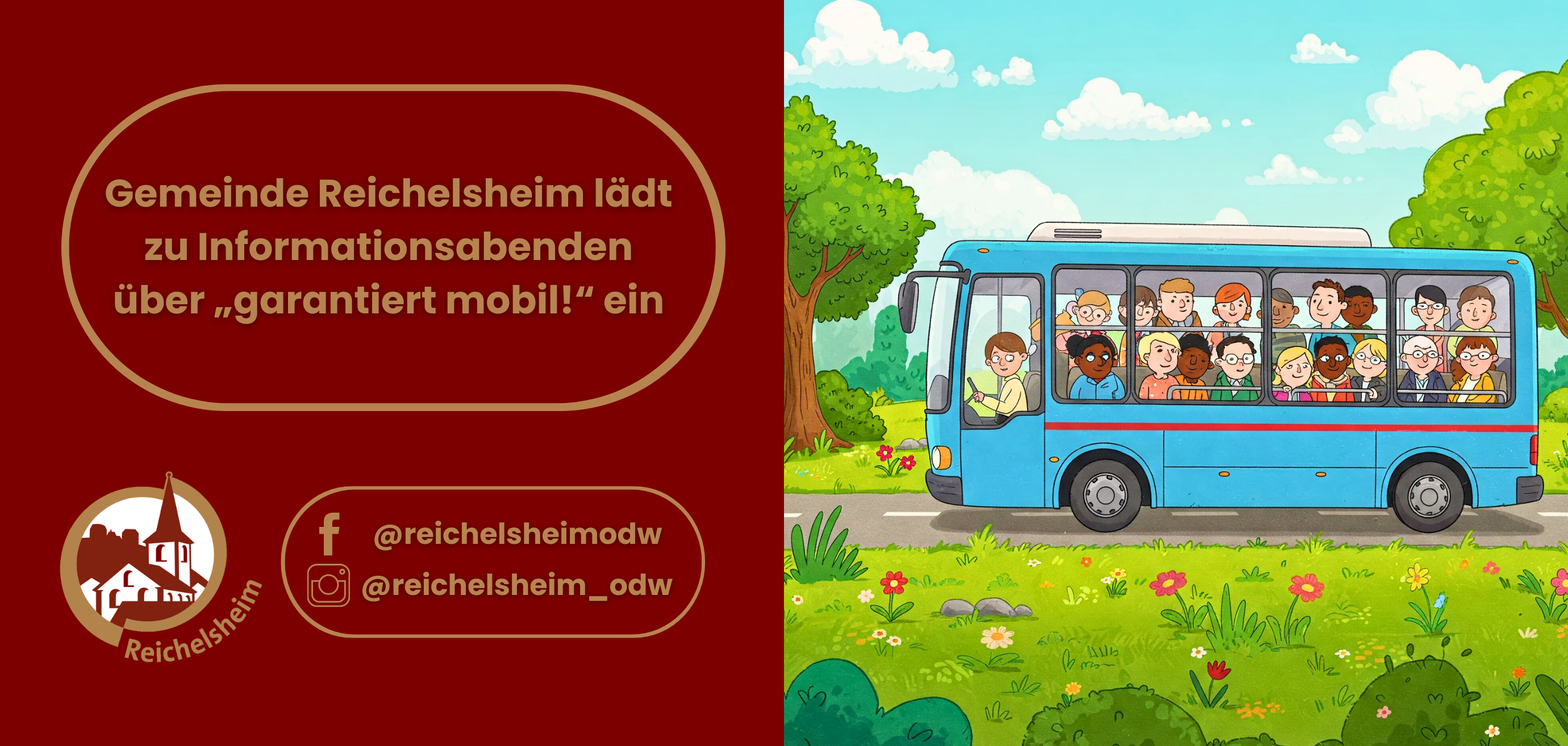Zweigeteilte Übersicht. Auf der linken Seite ist der Titel des Artikels zu lesen und ein Hinweis auf die Social Media Kanäle der Gemeinde Reichelsheim zu sehen. Auf der rechten Seite ist ein zum Artikel passendes Bild platziert.