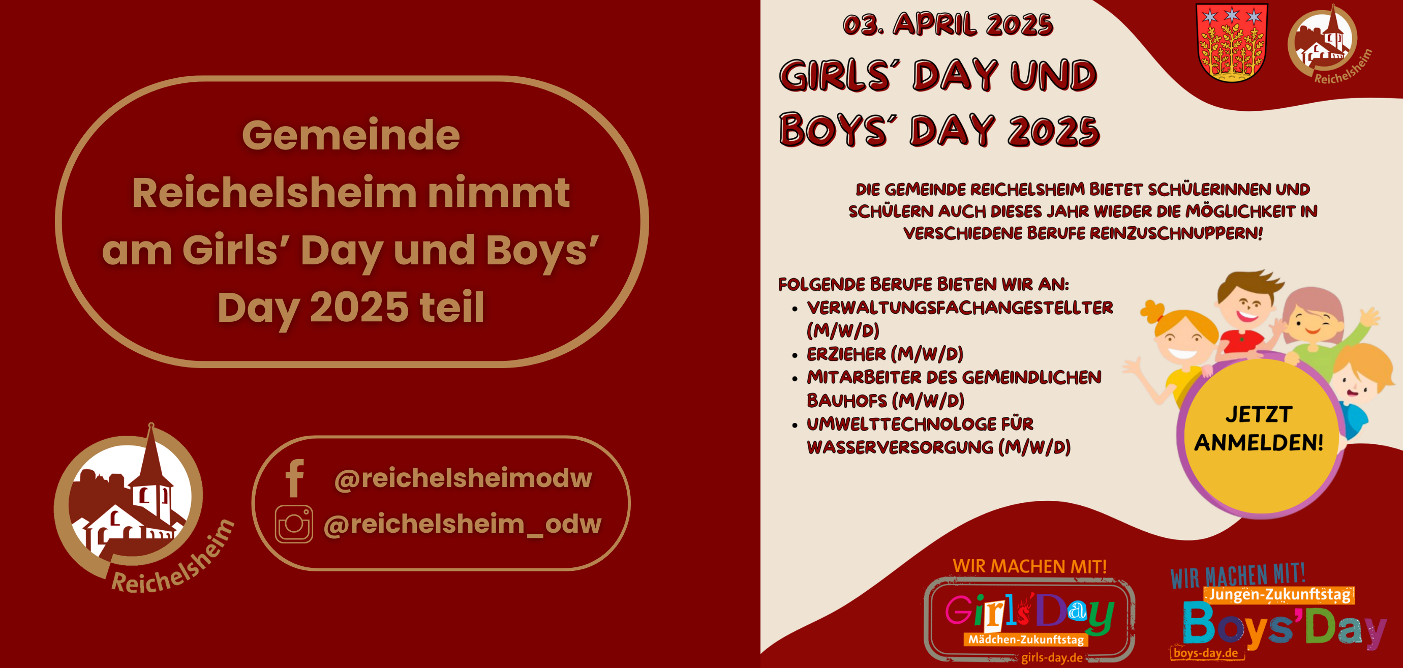 Zweigeteilte Übersicht. Auf der linken Seite ist der Titel des Artikels zu lesen und ein Hinweis auf die Social Media Kanäle der Gemeinde Reichelsheim zu sehen. Auf der rechten Seite ist ein zum Artikel passendes Bild platziert.