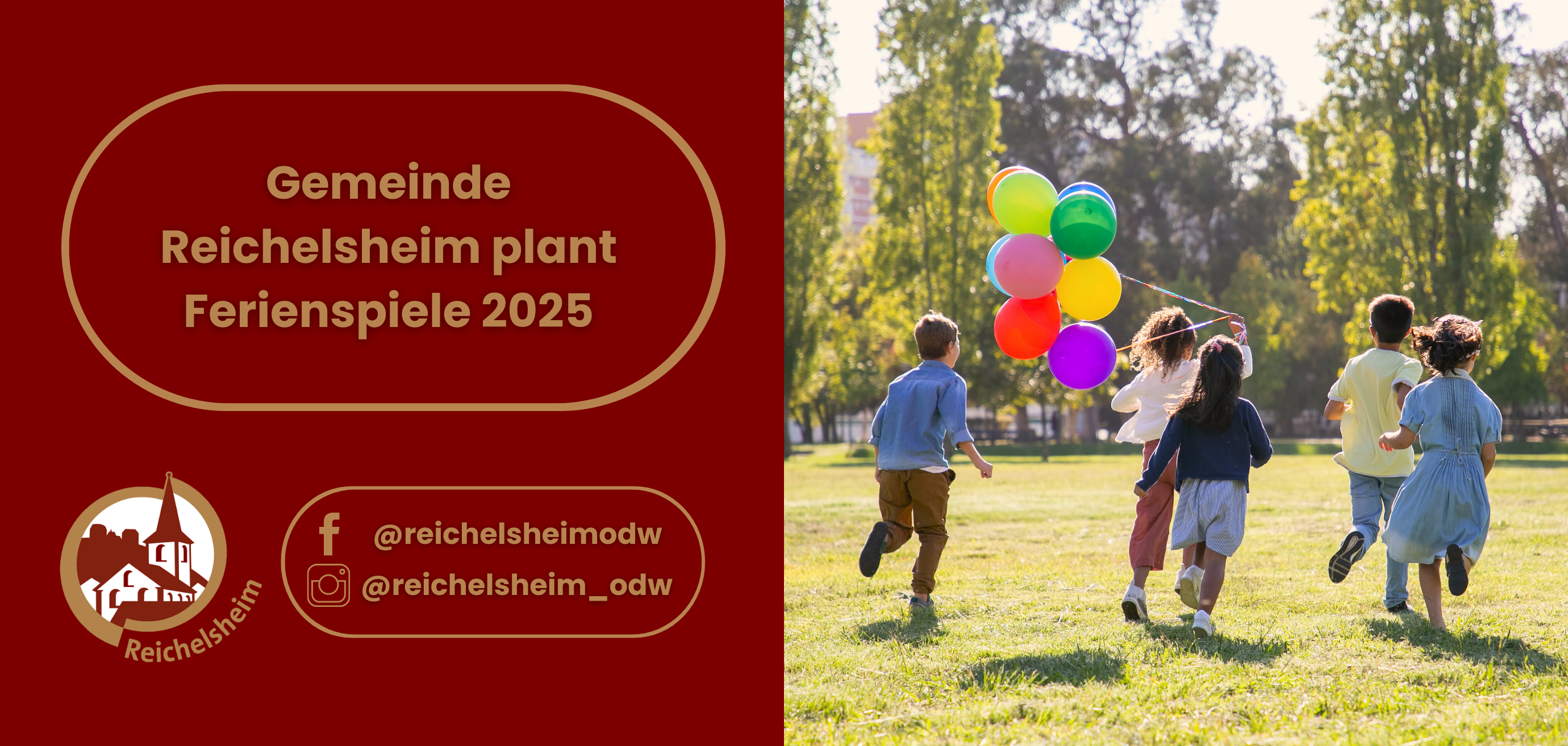 Zweigeteilte Übersicht. Auf der linken Seite ist der Titel des Artikels zu lesen und ein Hinweis auf die Social Media Kanäle der Gemeinde Reichelsheim zu sehen. Auf der rechten Seite ist ein zum Artikel passendes Bild platziert.