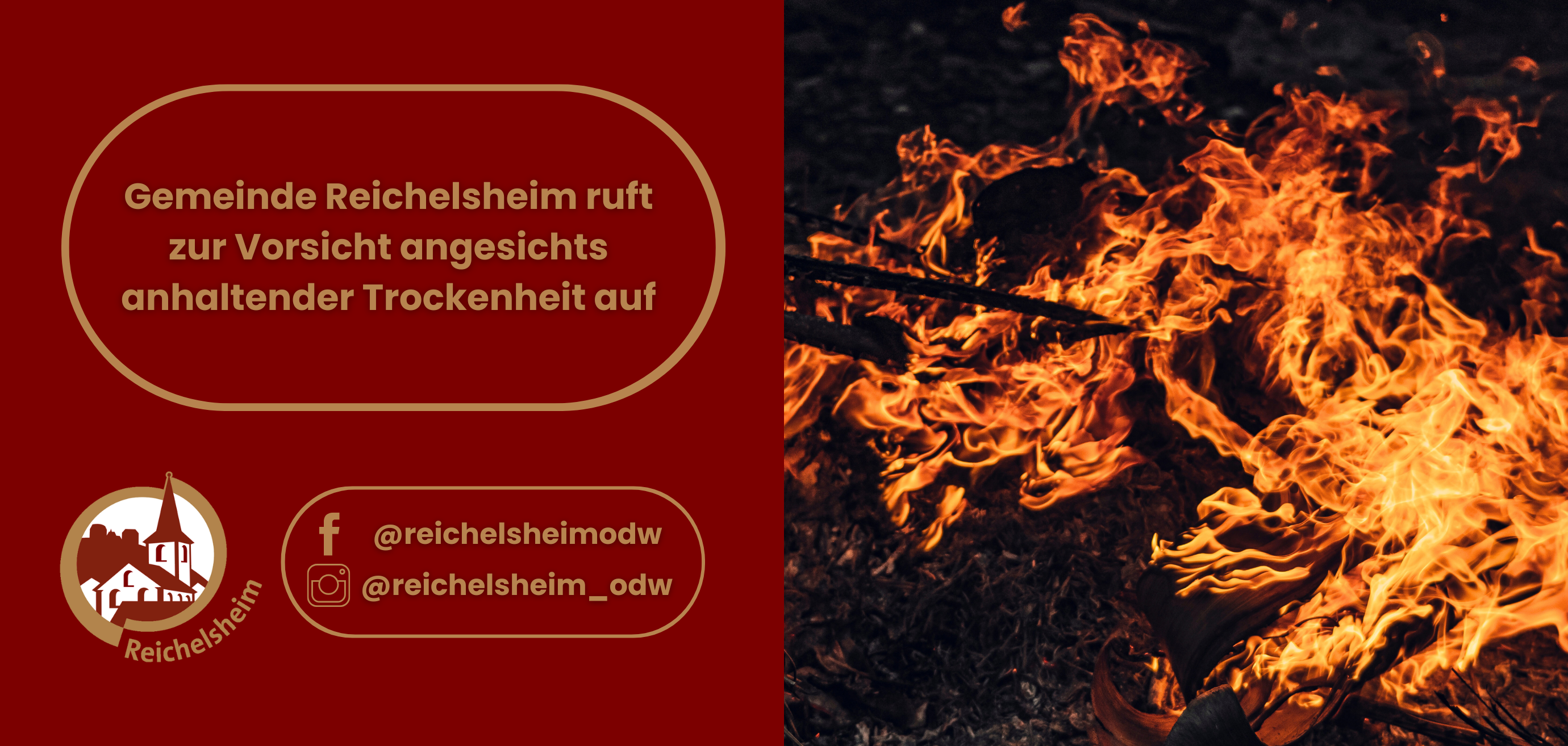 Zweigeteilte Übersicht. Auf der linken Seite ist der Titel des Artikels zu lesen und ein Hinweis auf die Social Media Kanäle der Gemeinde Reichelsheim zu sehen. Auf der rechten Seite ist ein zum Artikel passendes Bild platziert.