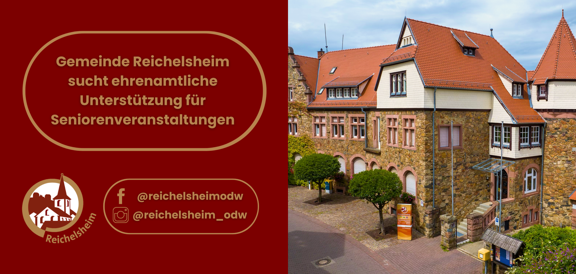 Zweigeteilte Übersicht. Auf der linken Seite ist der Titel des Artikels zu lesen und ein Hinweis auf die Social Media Kanäle der Gemeinde Reichelsheim zu sehen. Auf der rechten Seite ist ein zum Artikel passendes Bild platziert.