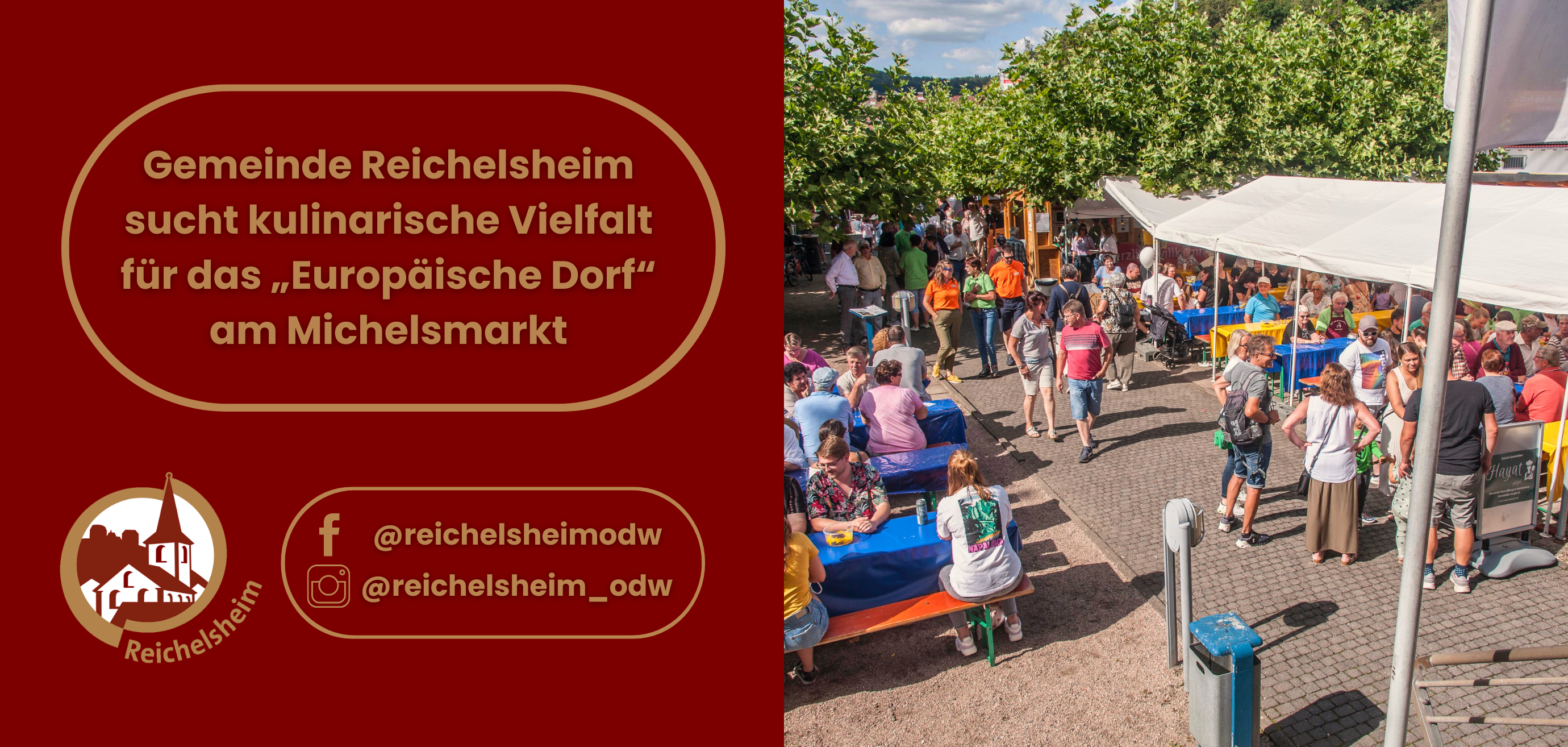 Zweigeteilte Übersicht. Auf der linken Seite ist der Titel des Artikels zu lesen und ein Hinweis auf die Social Media Kanäle der Gemeinde Reichelsheim zu sehen. Auf der rechten Seite ist ein zum Artikel passendes Bild platziert.