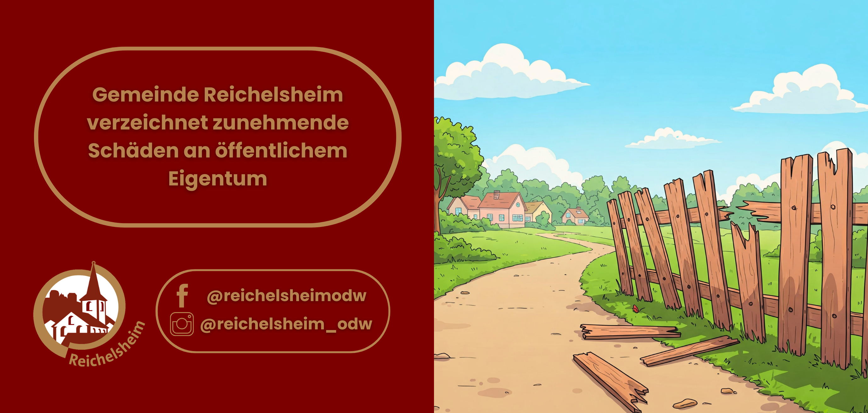 Zweigeteilte Übersicht. Auf der linken Seite ist der Titel des Artikels zu lesen und ein Hinweis auf die Social Media Kanäle der Gemeinde Reichelsheim zu sehen. Auf der rechten Seite ist ein zum Artikel passendes Bild platziert.