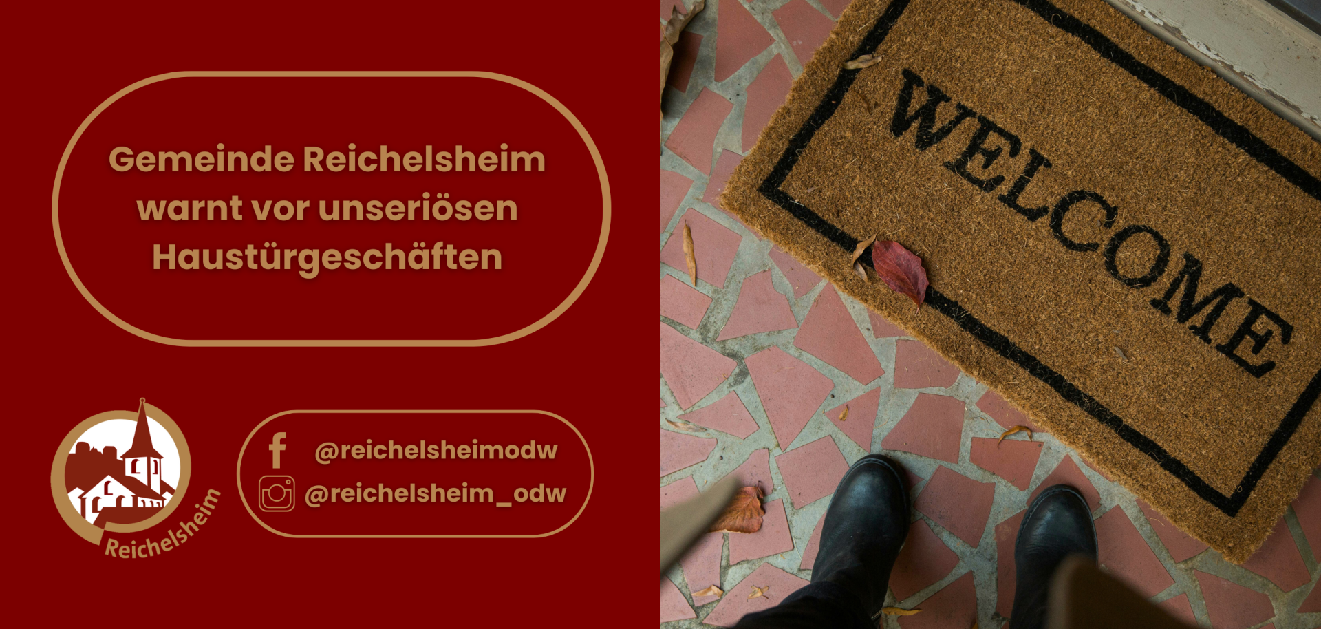 Zweigeteilte Übersicht. Auf der linken Seite ist der Titel des Artikels zu lesen und ein Hinweis auf die Social Media Kanäle der Gemeinde Reichelsheim zu sehen. Auf der rechten Seite ist ein zum Artikel passendes Bild platziert.