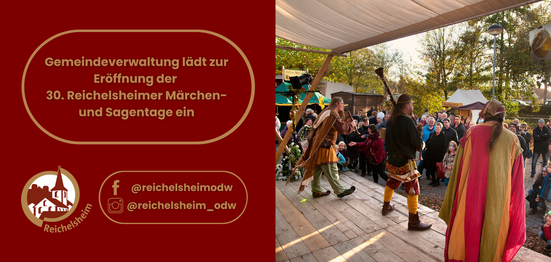 Zweigeteilte Übersicht. Auf der linken Seite ist der Titel des Artikels zu lesen und ein Hinweis auf die Social Media Kanäle der Gemeinde Reichelsheim zu sehen. Auf der rechten Seite ist ein zum Artikel passendes Bild platziert.