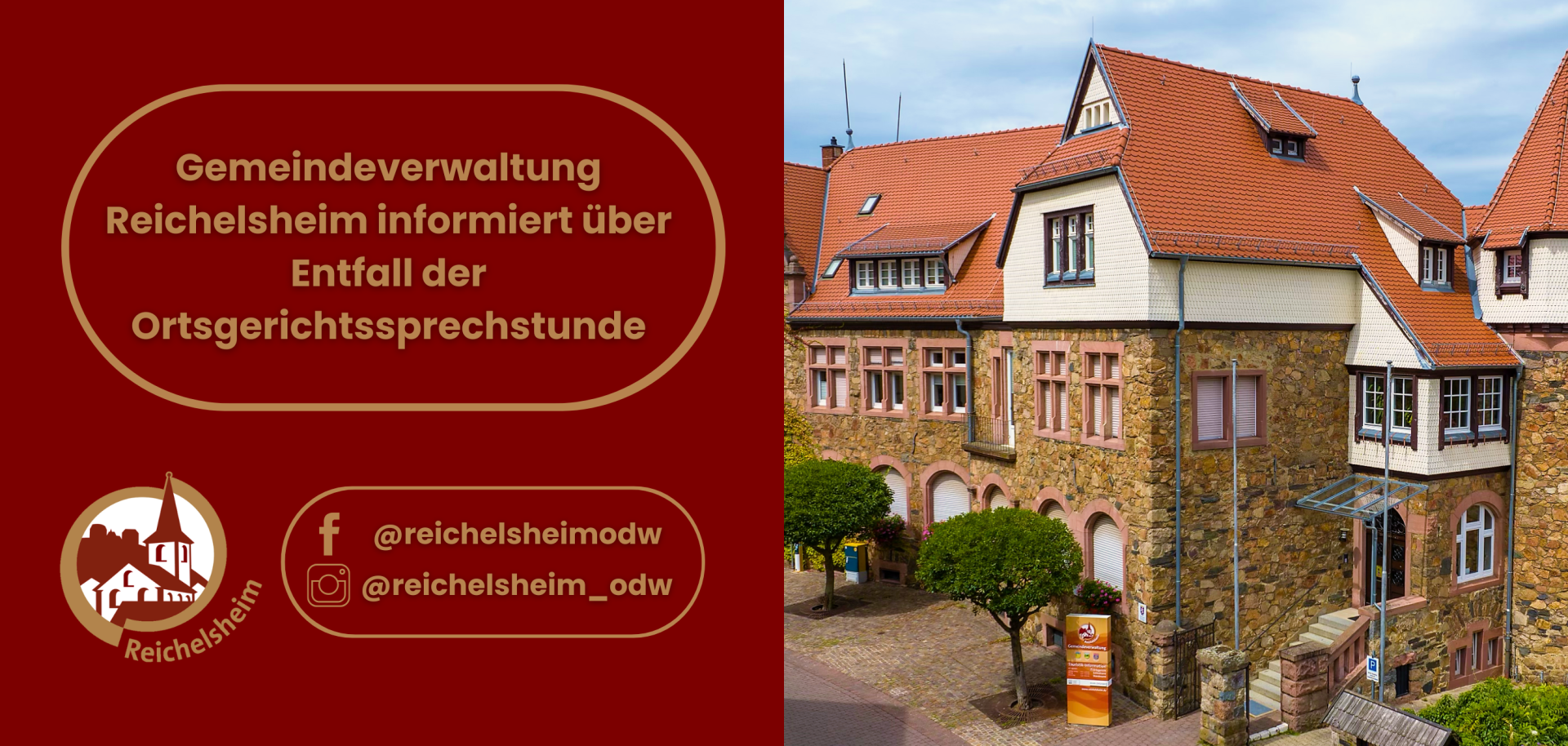 Zweigeteilte Übersicht. Auf der linken Seite ist der Titel des Artikels zu lesen und ein Hinweis auf die Social Media Kanäle der Gemeinde Reichelsheim zu sehen. Auf der rechten Seite ist ein zum Artikel passendes Bild platziert.