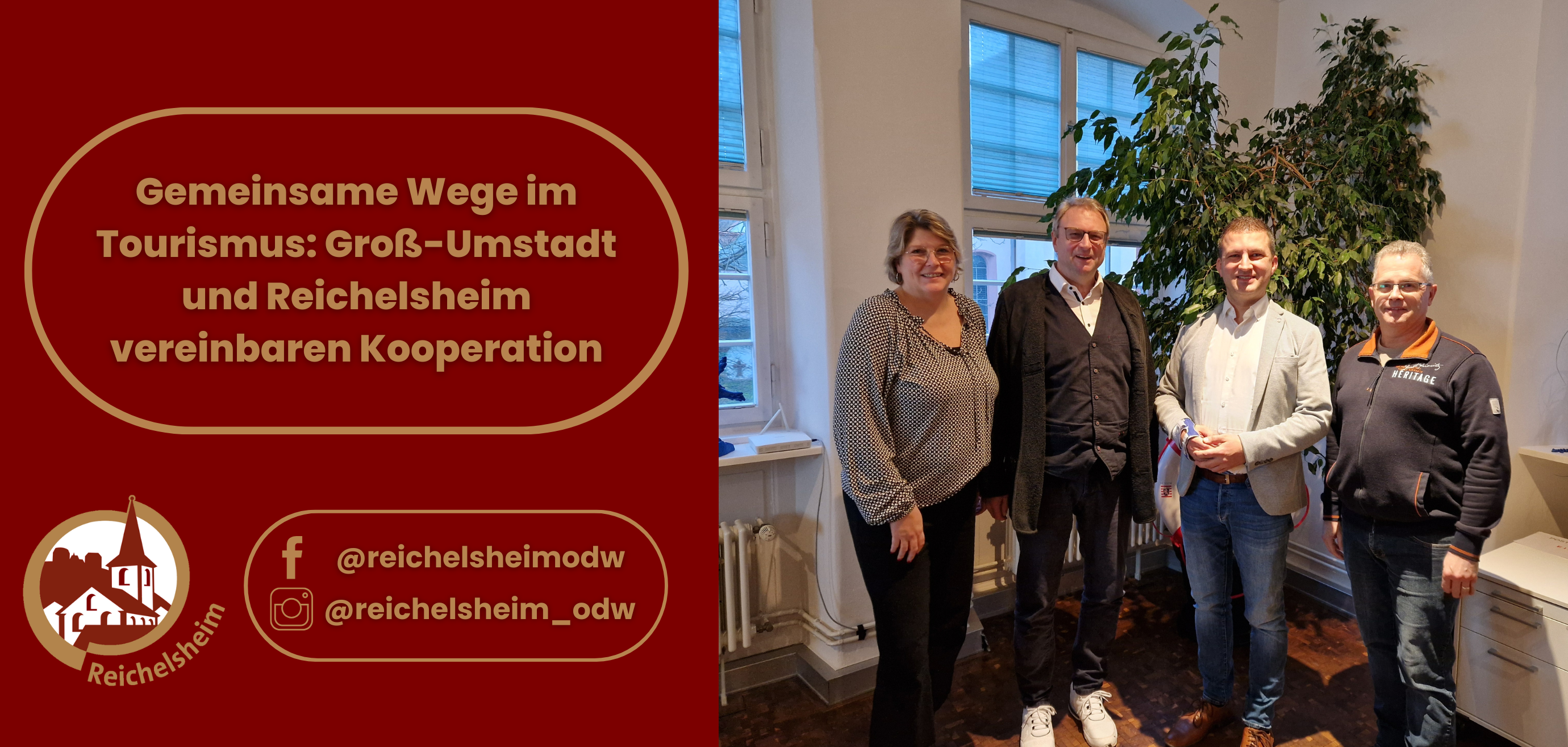 Zweigeteilte Übersicht. Auf der linken Seite ist der Titel des Artikels zu lesen und ein Hinweis auf die Social Media Kanäle der Gemeinde Reichelsheim zu sehen. Auf der rechten Seite ist ein zum Artikel passendes Bild platziert.