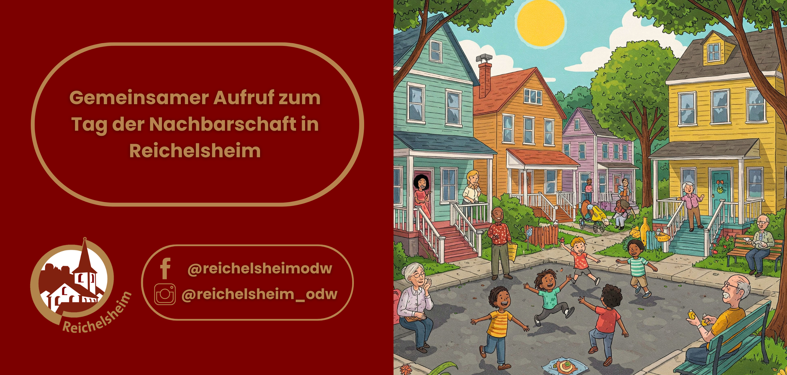 Zweigeteilte Übersicht. Auf der linken Seite ist der Titel des Artikels zu lesen und ein Hinweis auf die Social Media Kanäle der Gemeinde Reichelsheim zu sehen. Auf der rechten Seite ist ein zum Artikel passendes Bild platziert.