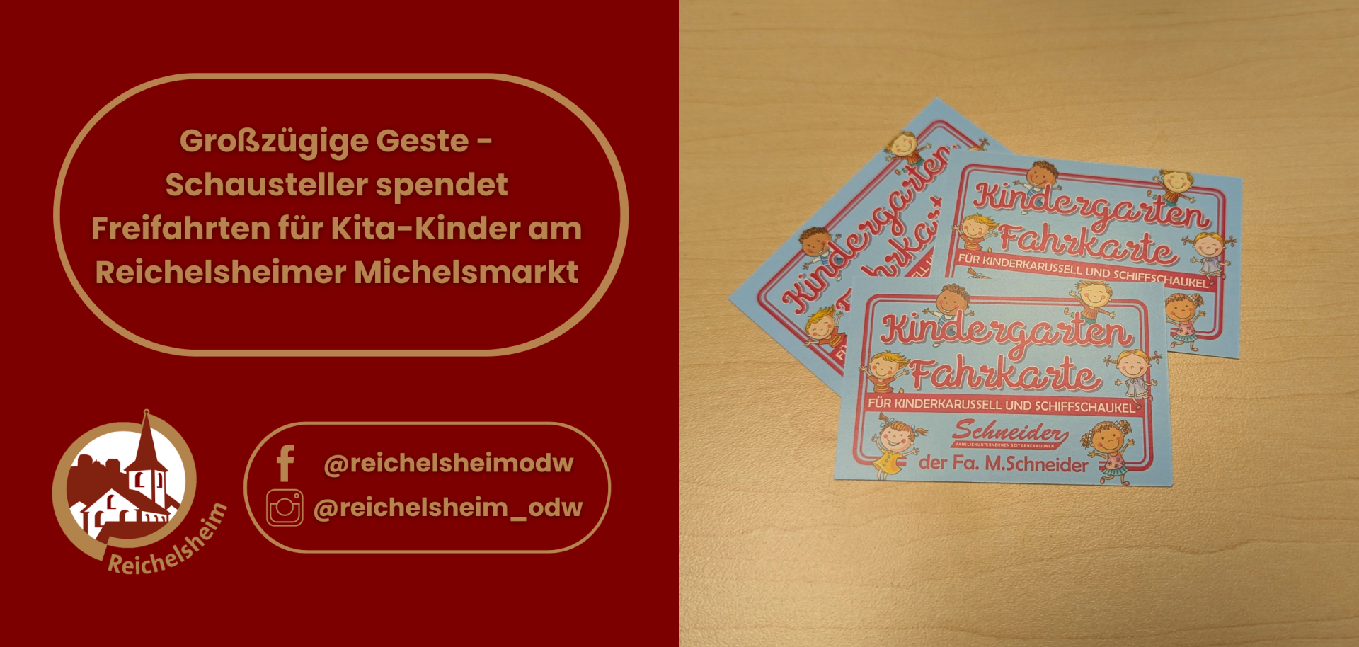 Zweigeteilte Übersicht. Auf der linken Seite ist der Titel des Artikels zu lesen und ein Hinweis auf die Social Media Kanäle der Gemeinde Reichelsheim zu sehen. Auf der rechten Seite ist ein zum Artikel passendes Bild platziert.