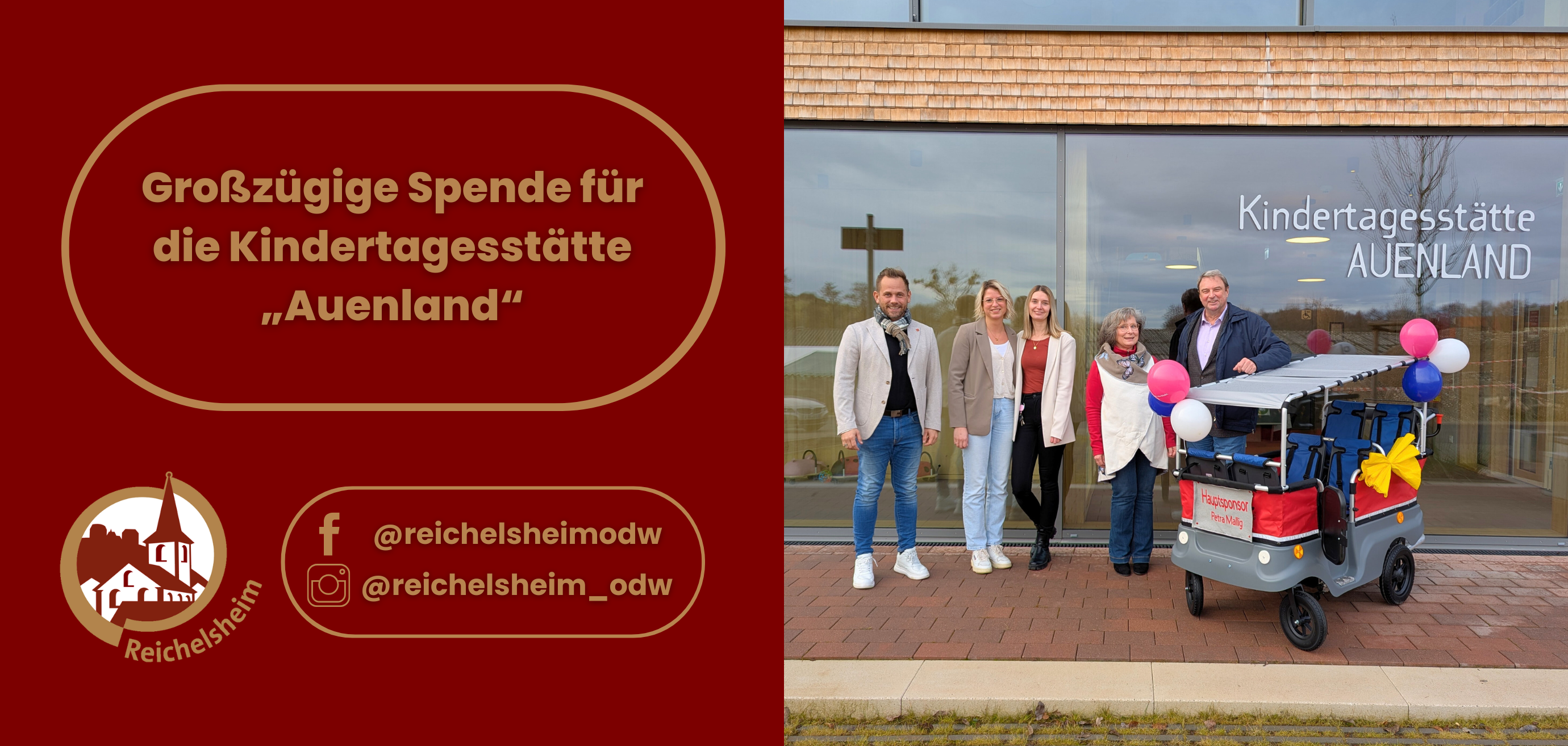 Zweigeteilte Übersicht. Auf der linken Seite ist der Titel des Artikels zu lesen und ein Hinweis auf die Social Media Kanäle der Gemeinde Reichelsheim zu sehen. Auf der rechten Seite ist ein zum Artikel passendes Bild platziert.