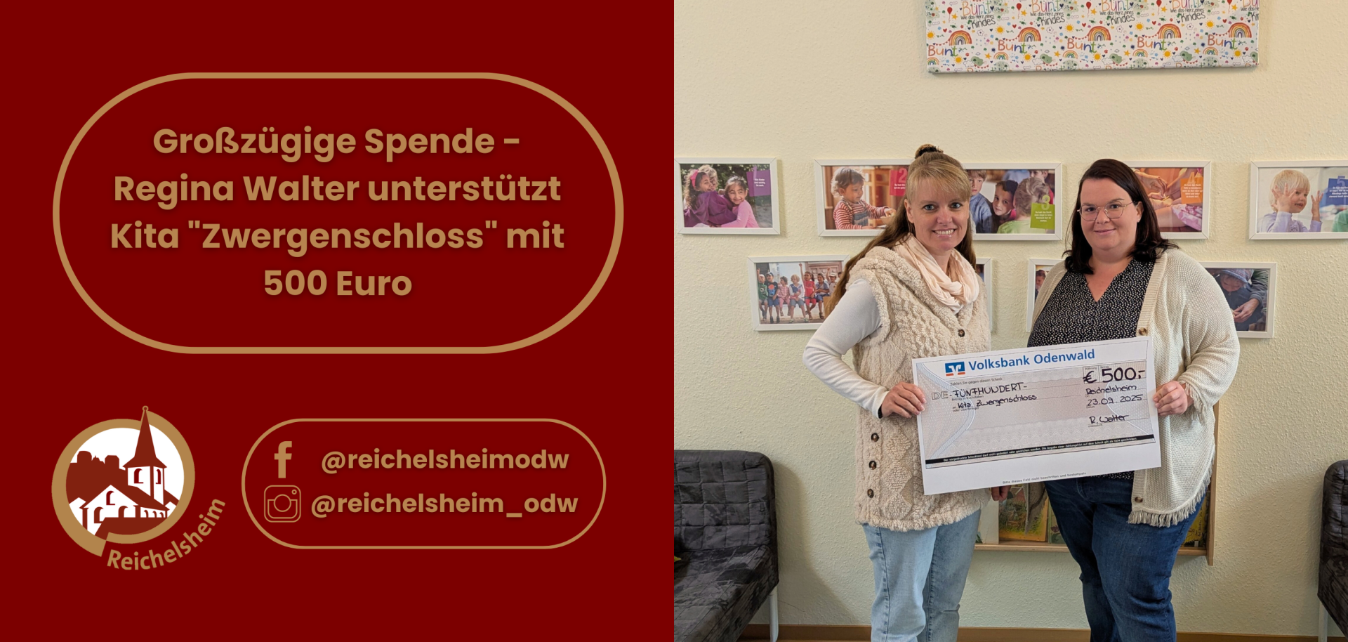 Zweigeteilte Übersicht. Auf der linken Seite ist der Titel des Artikels zu lesen und ein Hinweis auf die Social Media Kanäle der Gemeinde Reichelsheim zu sehen. Auf der rechten Seite ist ein zum Artikel passendes Bild platziert.