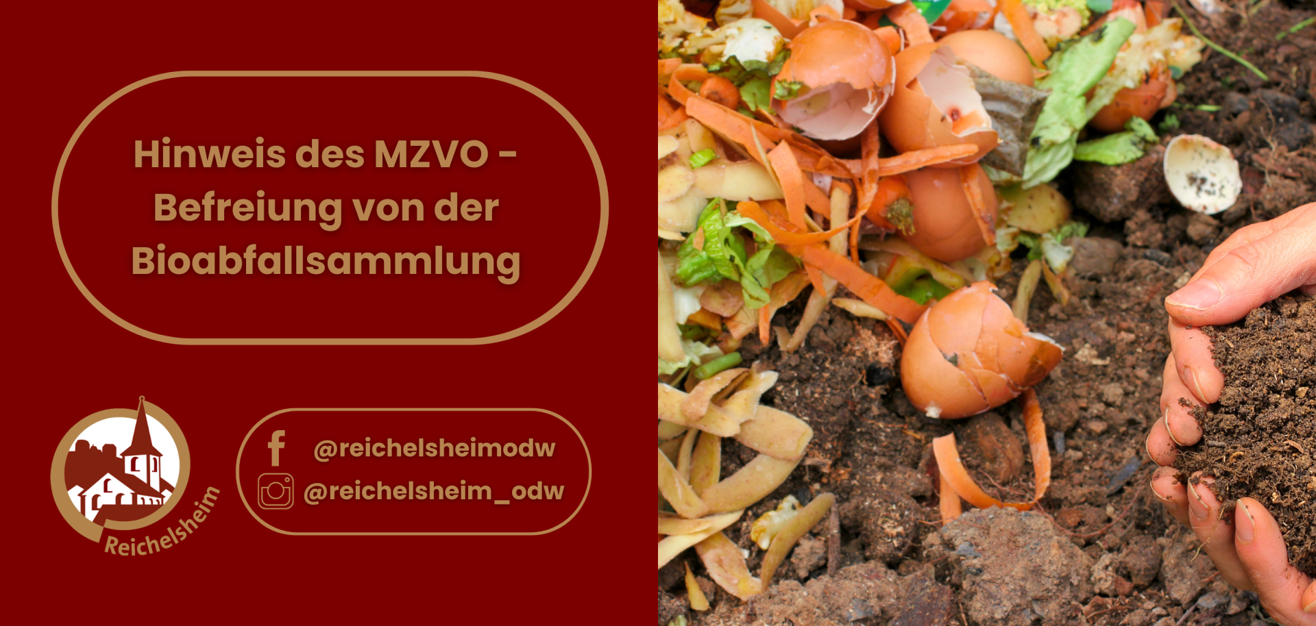 Zweigeteilte Übersicht. Auf der linken Seite ist der Titel des Artikels zu lesen und ein Hinweis auf die Social Media Kanäle der Gemeinde Reichelsheim zu sehen. Auf der rechten Seite ist ein zum Artikel passendes Bild platziert.