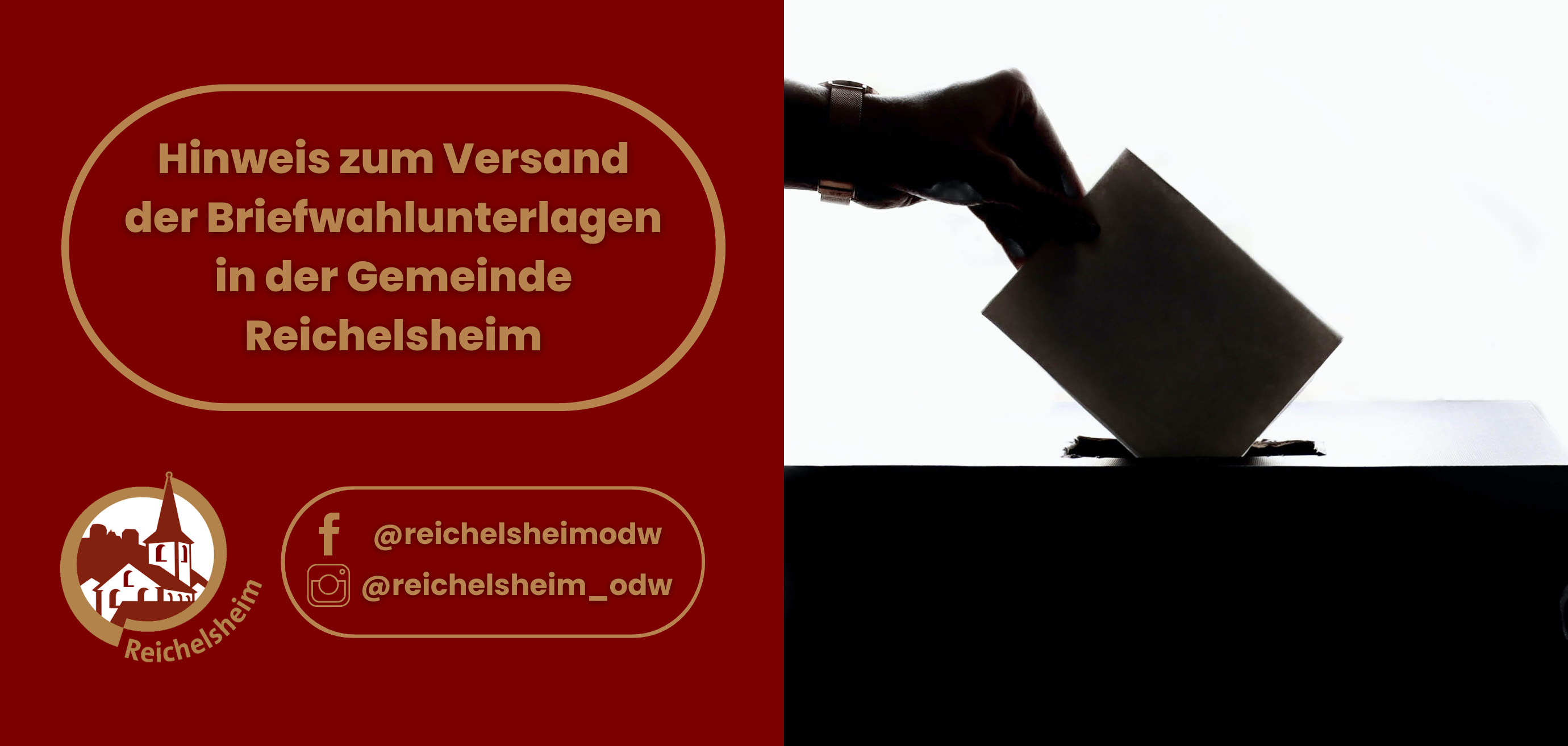 Zweigeteilte Übersicht. Auf der linken Seite ist der Titel des Artikels zu lesen und ein Hinweis auf die Social Media Kanäle der Gemeinde Reichelsheim zu sehen. Auf der rechten Seite ist ein zum Artikel passendes Bild platziert.