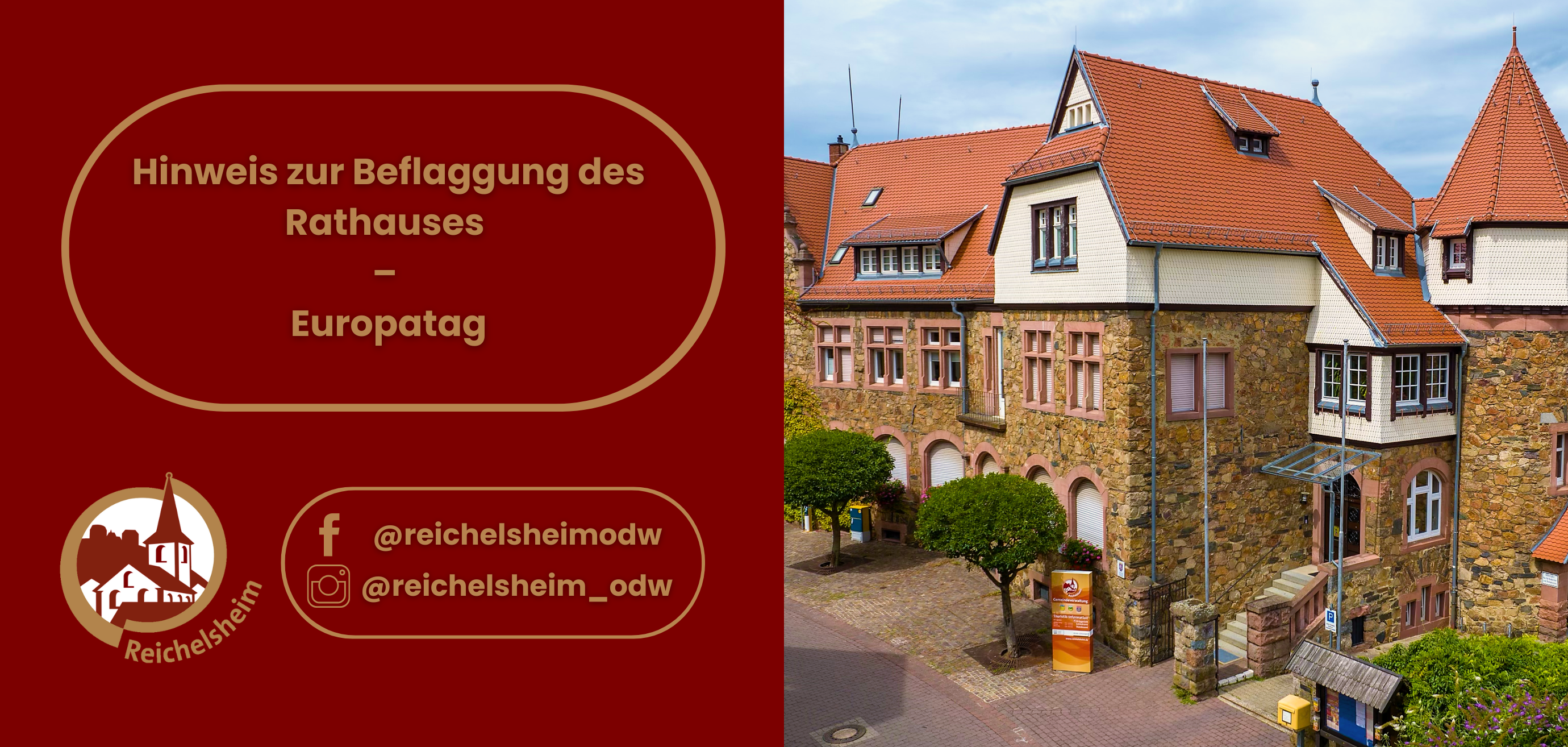 Zweigeteilte Übersicht. Auf der linken Seite ist der Titel des Artikels zu lesen und ein Hinweis auf die Social Media Kanäle der Gemeinde Reichelsheim zu sehen. Auf der rechten Seite ist ein zum Artikel passendes Bild platziert.