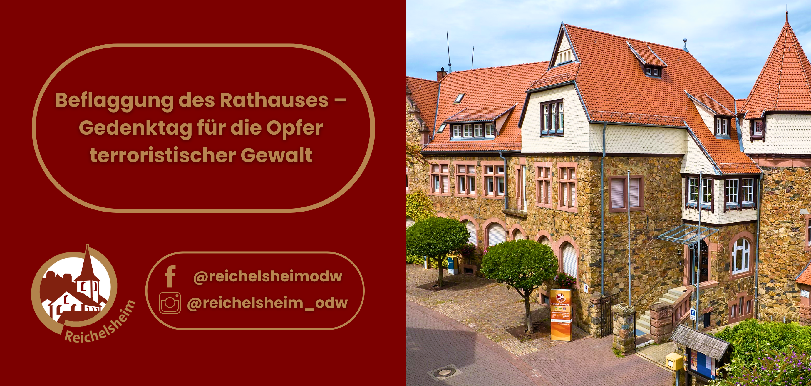 Zweigeteilte Übersicht. Auf der linken Seite ist der Titel des Artikels zu lesen und ein Hinweis auf die Social Media Kanäle der Gemeinde Reichelsheim zu sehen. Auf der rechten Seite ist ein zum Artikel passendes Bild platziert.