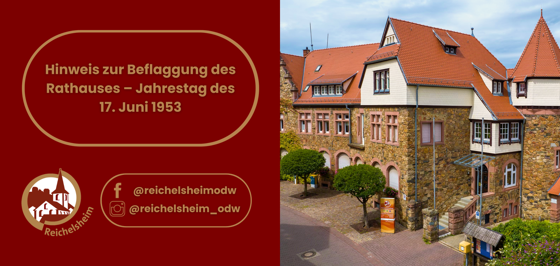 Zweigeteilte Übersicht. Auf der linken Seite ist der Titel des Artikels zu lesen und ein Hinweis auf die Social Media Kanäle der Gemeinde Reichelsheim zu sehen. Auf der rechten Seite ist ein zum Artikel passendes Bild platziert.