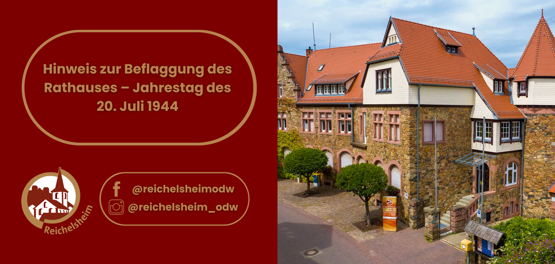 Zweigeteilte Übersicht. Auf der linken Seite ist der Titel des Artikels zu lesen und ein Hinweis auf die Social Media Kanäle der Gemeinde Reichelsheim zu sehen. Auf der rechten Seite ist ein zum Artikel passendes Bild platziert.