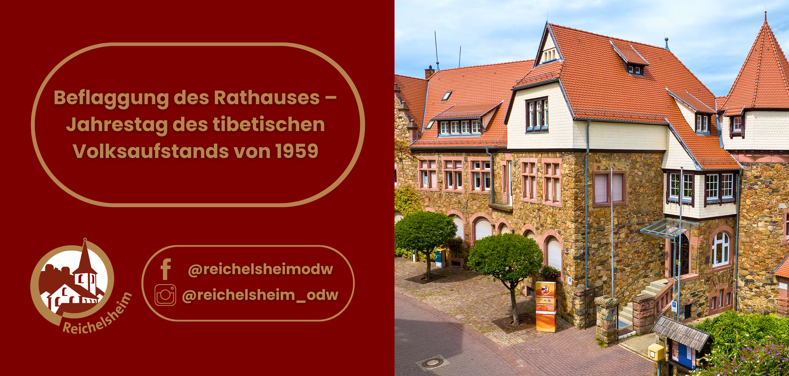 Zweigeteilte Übersicht. Auf der linken Seite ist der Titel des Artikels zu lesen und ein Hinweis auf die Social Media Kanäle der Gemeinde Reichelsheim zu sehen. Auf der rechten Seite ist ein zum Artikel passendes Bild platziert.