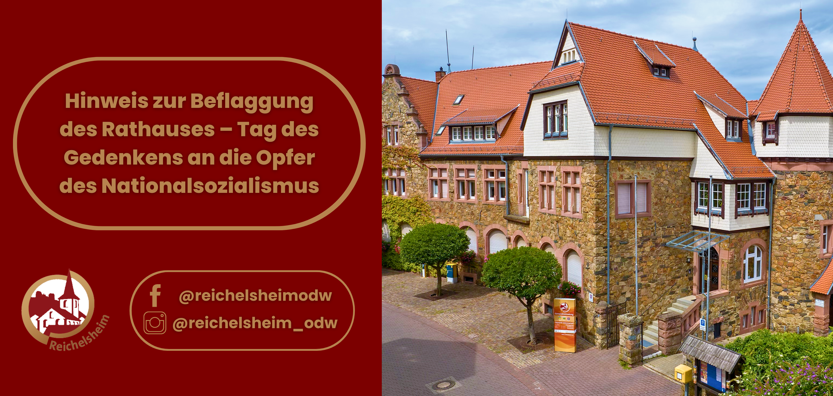 Zweigeteilte Übersicht. Auf der linken Seite ist der Titel des Artikels zu lesen und ein Hinweis auf die Social Media Kanäle der Gemeinde Reichelsheim zu sehen. Auf der rechten Seite ist ein zum Artikel passendes Bild platziert.