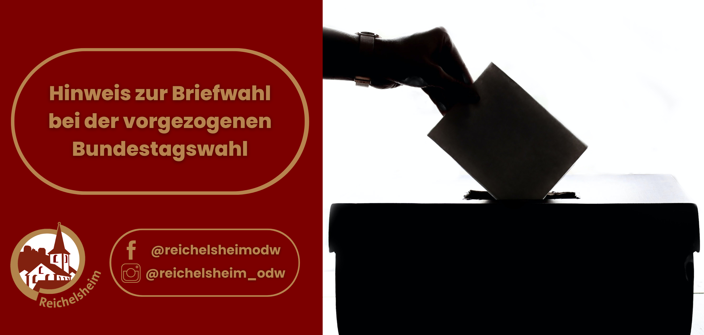 Zweigeteilte Übersicht. Auf der linken Seite ist der Titel des Artikels zu lesen und ein Hinweis auf die Social Media Kanäle der Gemeinde Reichelsheim zu sehen. Auf der rechten Seite ist ein zum Artikel passendes Bild platziert.