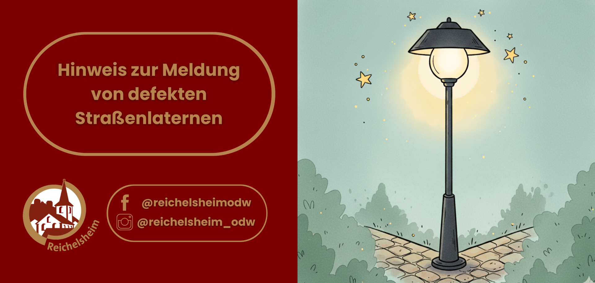 Zweigeteilte Übersicht. Auf der linken Seite ist der Titel des Artikels zu lesen und ein Hinweis auf die Social Media Kanäle der Gemeinde Reichelsheim zu sehen. Auf der rechten Seite ist ein zum Artikel passendes Bild platziert.