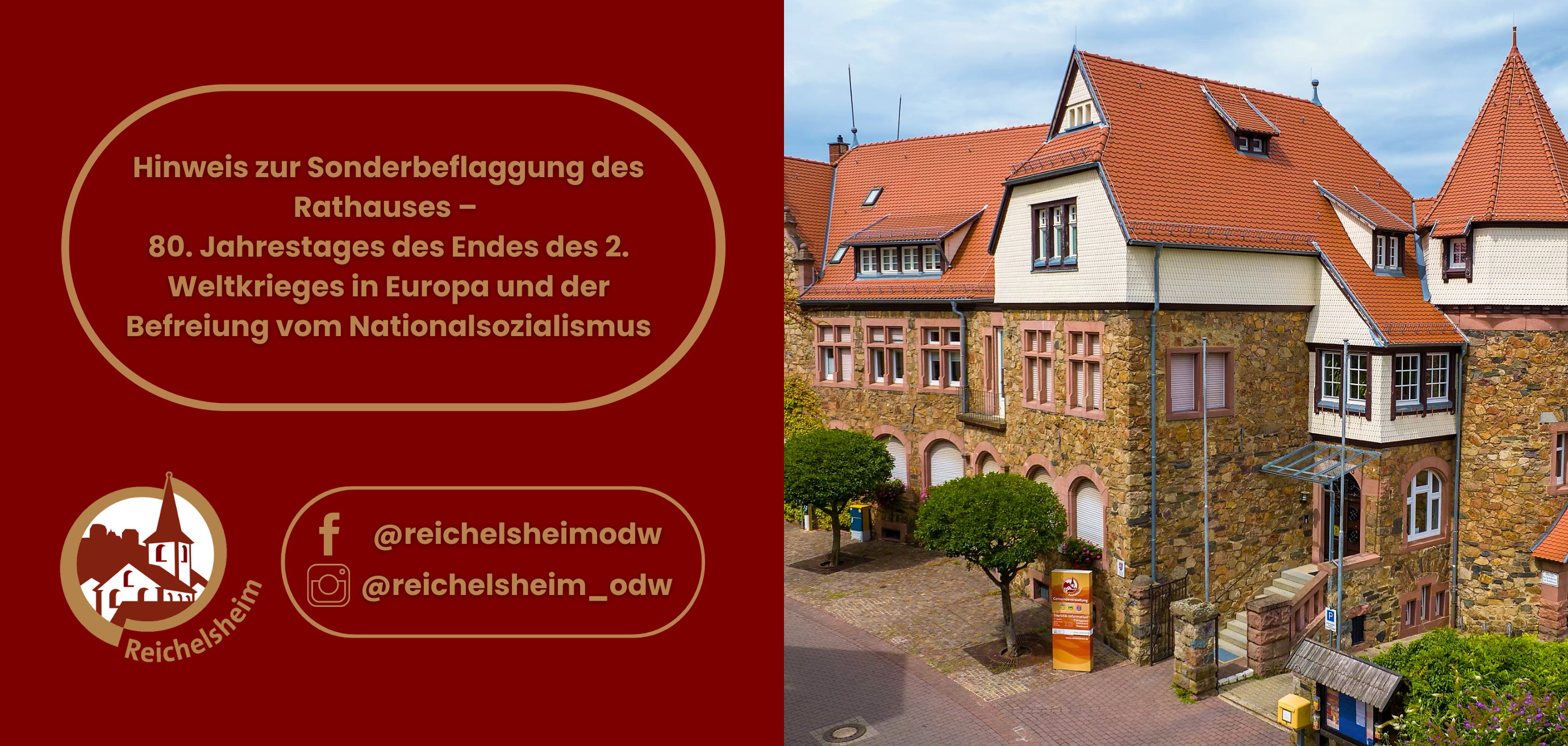 Zweigeteilte Übersicht. Auf der linken Seite ist der Titel des Artikels zu lesen und ein Hinweis auf die Social Media Kanäle der Gemeinde Reichelsheim zu sehen. Auf der rechten Seite ist ein zum Artikel passendes Bild platziert.