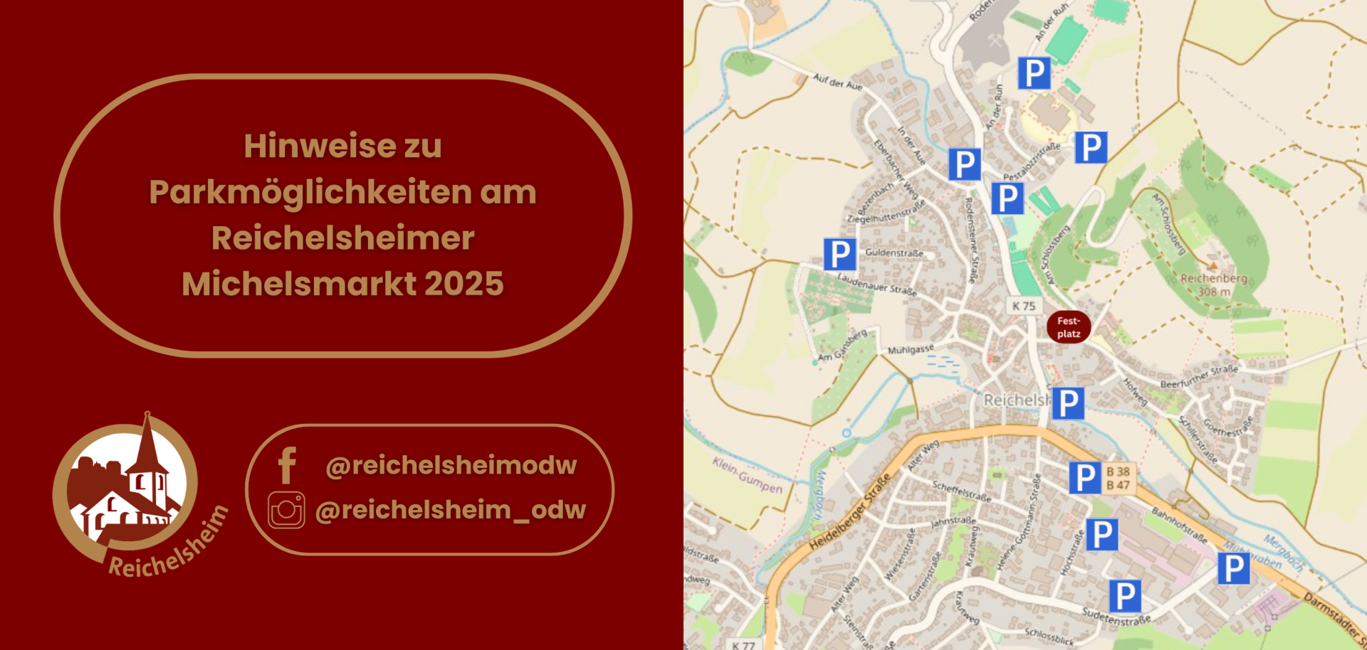 Zweigeteilte Übersicht. Auf der linken Seite ist der Titel des Artikels zu lesen und ein Hinweis auf die Social Media Kanäle der Gemeinde Reichelsheim zu sehen. Auf der rechten Seite ist ein zum Artikel passendes Bild platziert.