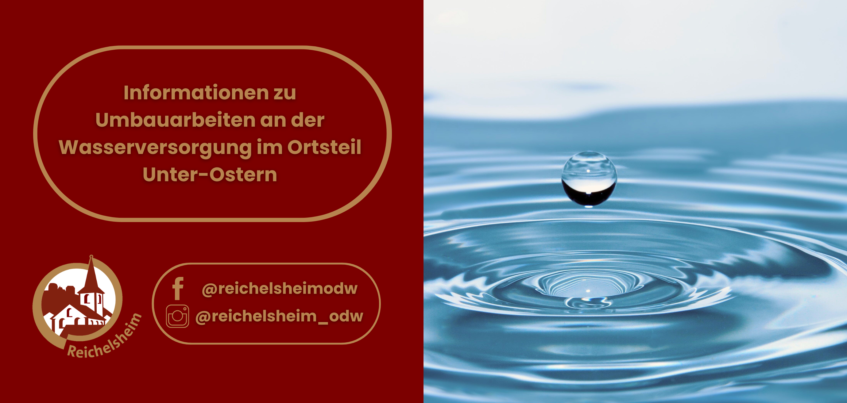 Zweigeteilte Übersicht. Auf der linken Seite ist der Titel des Artikels zu lesen und ein Hinweis auf die Social Media Kanäle der Gemeinde Reichelsheim zu sehen. Auf der rechten Seite ist ein zum Artikel passendes Bild platziert.