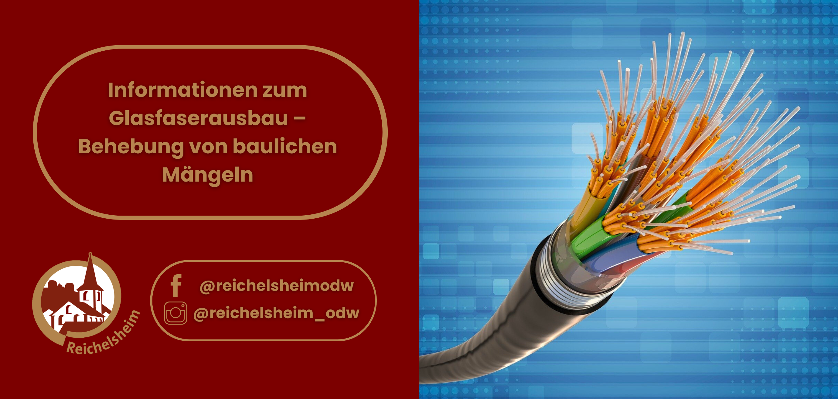 Zweigeteilte Übersicht. Auf der linken Seite ist der Titel des Artikels zu lesen und ein Hinweis auf die Social Media Kanäle der Gemeinde Reichelsheim zu sehen. Auf der rechten Seite ist ein zum Artikel passendes Bild platziert.