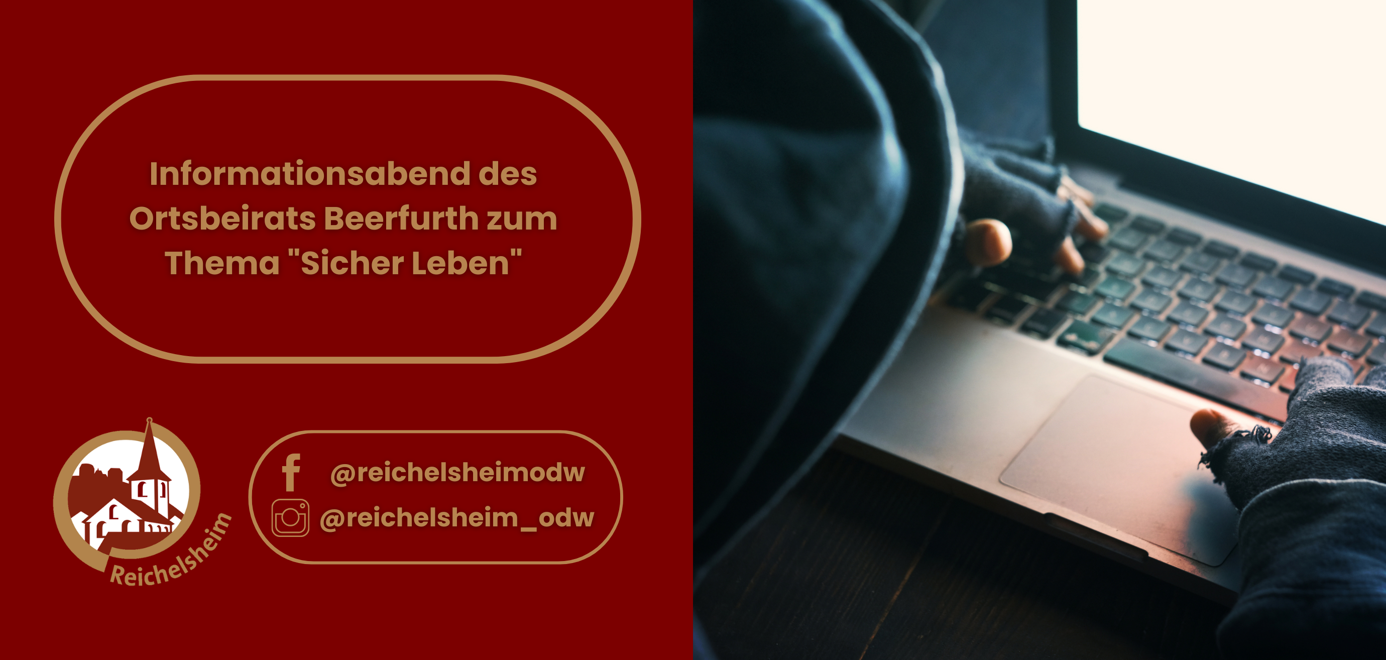 Zweigeteilte Übersicht. Auf der linken Seite ist der Titel des Artikels zu lesen und ein Hinweis auf die Social Media Kanäle der Gemeinde Reichelsheim zu sehen. Auf der rechten Seite ist ein zum Artikel passendes Bild platziert.