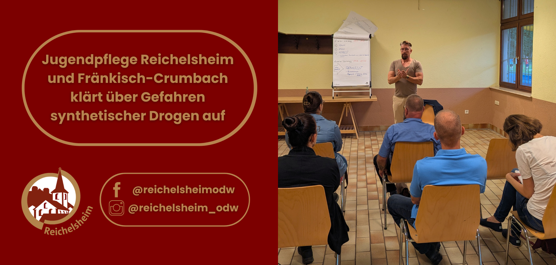 Zweigeteilte Übersicht. Auf der linken Seite ist der Titel des Artikels zu lesen und ein Hinweis auf die Social Media Kanäle der Gemeinde Reichelsheim zu sehen. Auf der rechten Seite ist ein zum Artikel passendes Bild platziert.