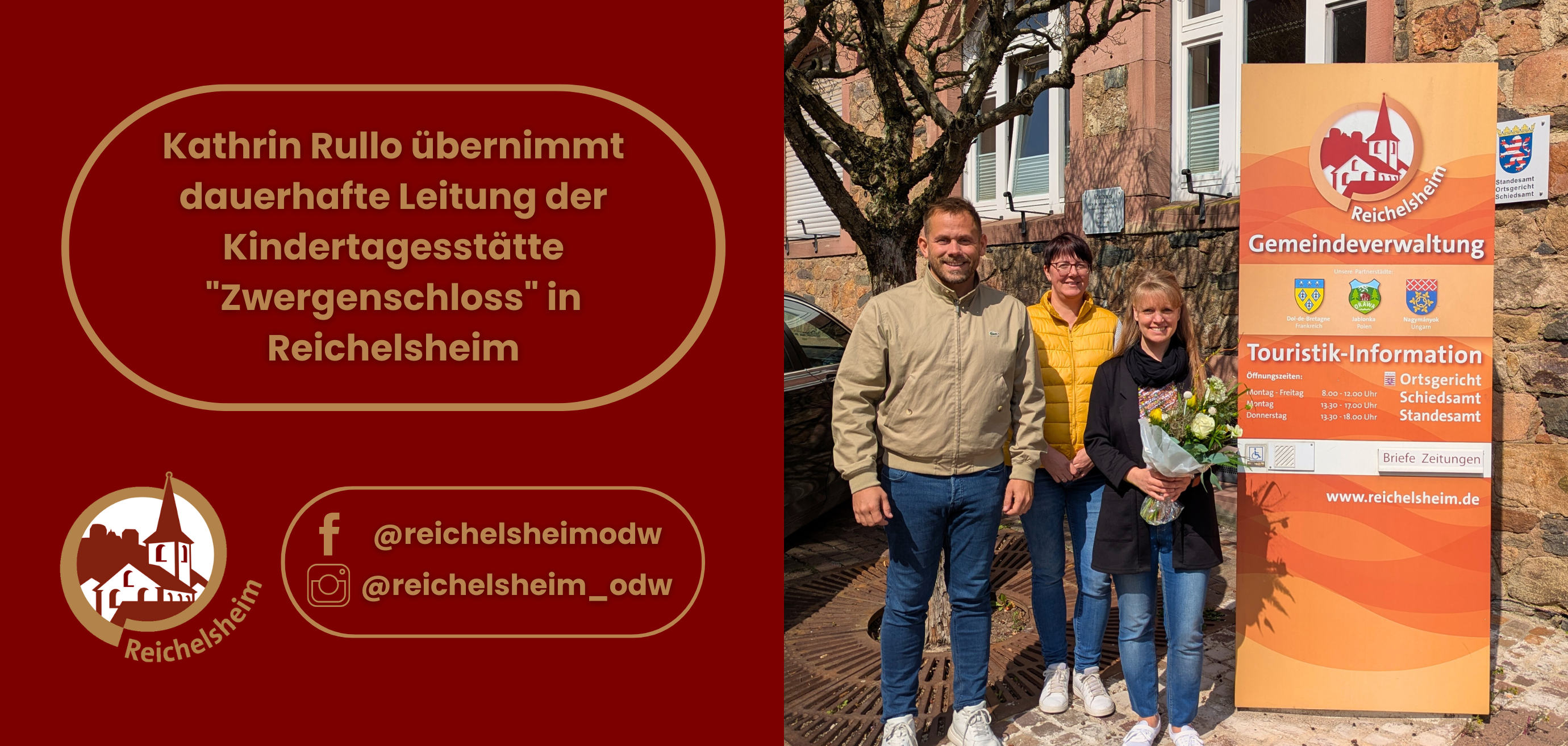 Zweigeteilte Übersicht. Auf der linken Seite ist der Titel des Artikels zu lesen und ein Hinweis auf die Social Media Kanäle der Gemeinde Reichelsheim zu sehen. Auf der rechten Seite ist ein zum Artikel passendes Bild platziert.