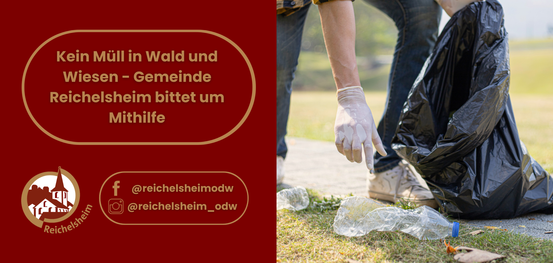 Zweigeteilte Übersicht. Auf der linken Seite ist der Titel des Artikels zu lesen und ein Hinweis auf die Social Media Kanäle der Gemeinde Reichelsheim zu sehen. Auf der rechten Seite ist ein zum Artikel passendes Bild platziert.