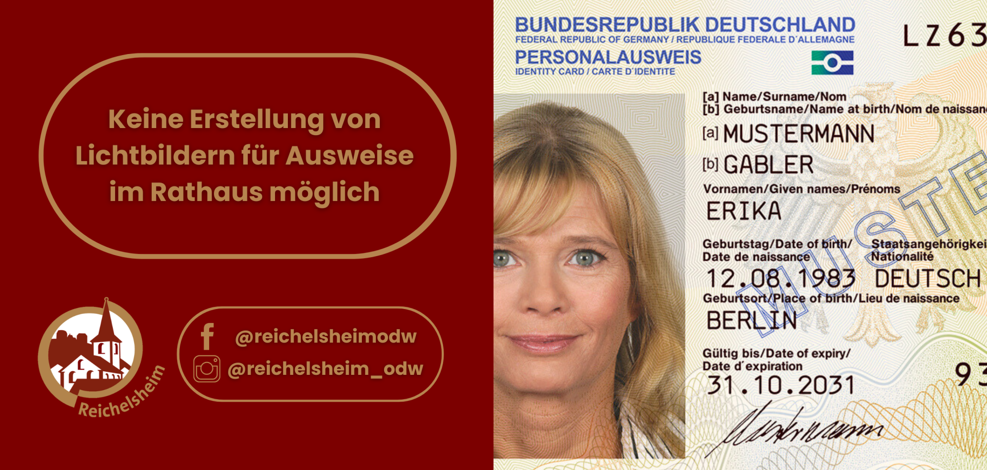 Zweigeteilte Übersicht. Auf der linken Seite ist der Titel des Artikels zu lesen und ein Hinweis auf die Social Media Kanäle der Gemeinde Reichelsheim zu sehen. Auf der rechten Seite ist ein zum Artikel passendes Bild platziert.