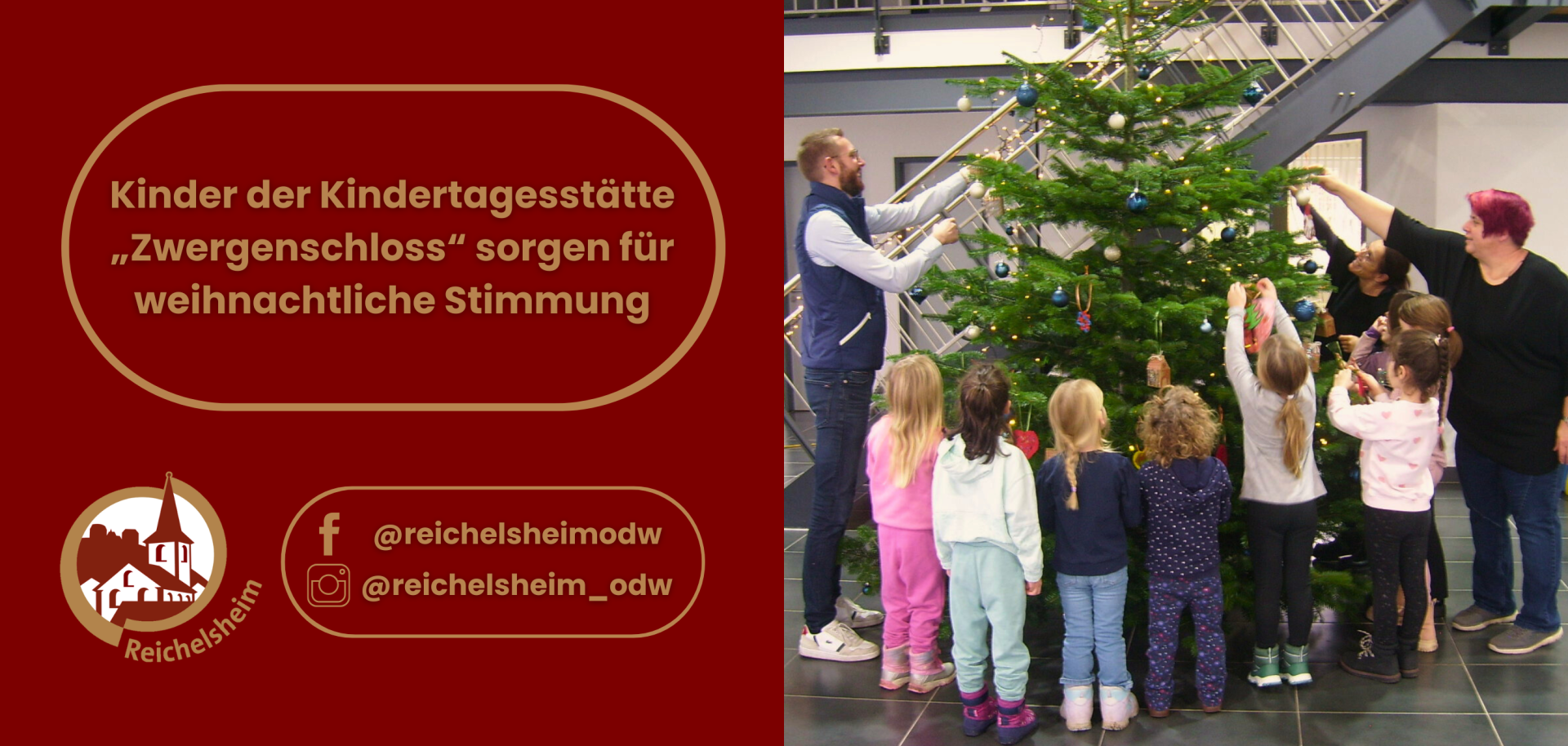 Linke Seite: Auf dem dunkelroten Hintergrund steht in goldener Schrift in einem ovalen Rahmen: „Kinder der Kindertagesstätte „Zwergenschloss“ sorgen für weihnachtliche Stimmung“. Darunter befindet sich ein Logo mit einer stilisierten Kirche und dem Schriftzug „Reichelsheim“ sowie Social-Media-Handles für Facebook und Instagram (@reichelsheimodw, @reichelsheim_odw).  Rechte Seite: Ein Foto zeigt eine Gruppe von Erwachsenen und kleinen Kindern, die gemeinsam einen großen, festlich geschmückten Weihnachtsbaum in einem modernen Innenraum schmücken. Ein erwachsener Mann auf der linken Seite und zwei erwachsene Frauen auf der rechten Seite helfen mehreren Kindern im Vorschulalter, die von hinten zu sehen sind, bunte Ornamente und teils selbstgebastelte Anhänger an den Baum zu hängen. Der grüne Baum ist bereits mit blauen und silbernen Kugeln sowie Lichtern versehen. Im Hintergrund sind eine moderne Treppe und Teile eines großen Raumes mit Fliesenboden zu erkennen. Die Szene strahlt eine fröhliche und festliche Vorweihnachtsstimmung aus.