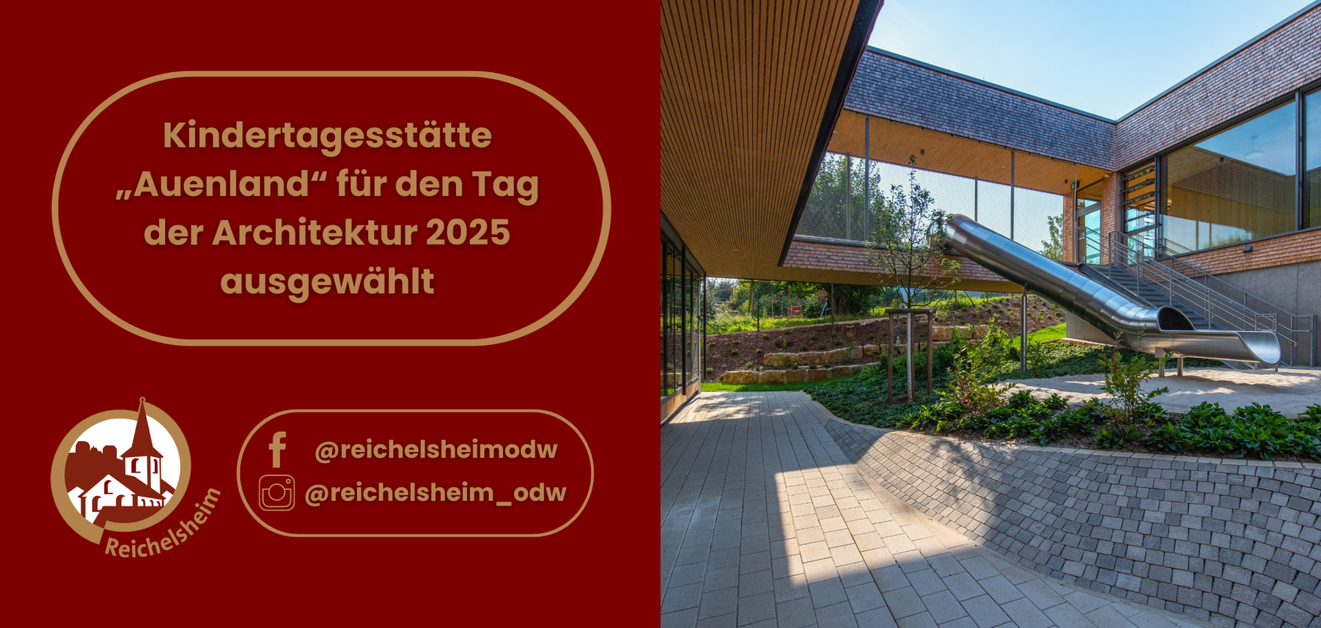 Zweigeteilte Übersicht. Auf der linken Seite ist der Titel des Artikels zu lesen und ein Hinweis auf die Social Media Kanäle der Gemeinde Reichelsheim zu sehen. Auf der rechten Seite ist ein zum Artikel passendes Bild platziert.