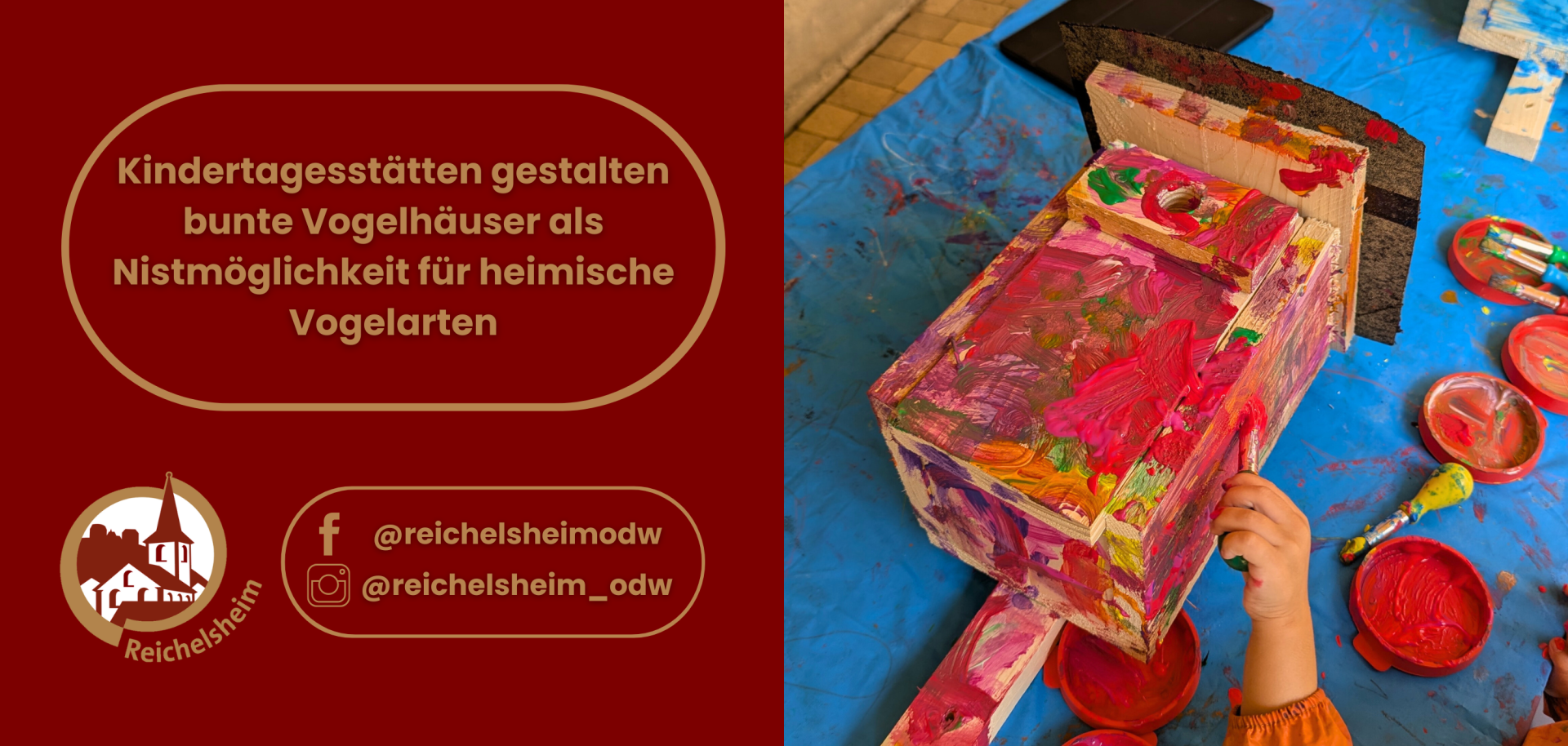 Zweigeteilte Übersicht. Auf der linken Seite ist der Titel des Artikels zu lesen und ein Hinweis auf die Social Media Kanäle der Gemeinde Reichelsheim zu sehen. Auf der rechten Seite ist ein zum Artikel passendes Bild platziert.